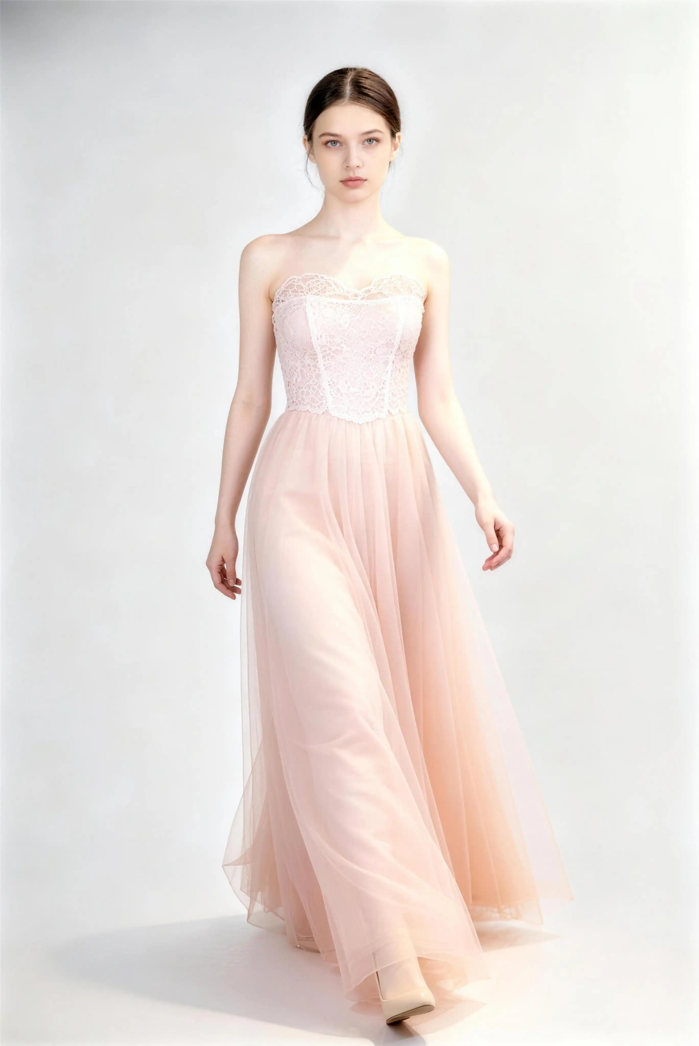 Phoehua Front Side Walking‑Pose View of Light Pink Luxury Formal Prom Dress, Strapless Lace‑Corset Lace‑Up‑Back High‑Waist Tulle Maxi Bridesmaid Evening Gown