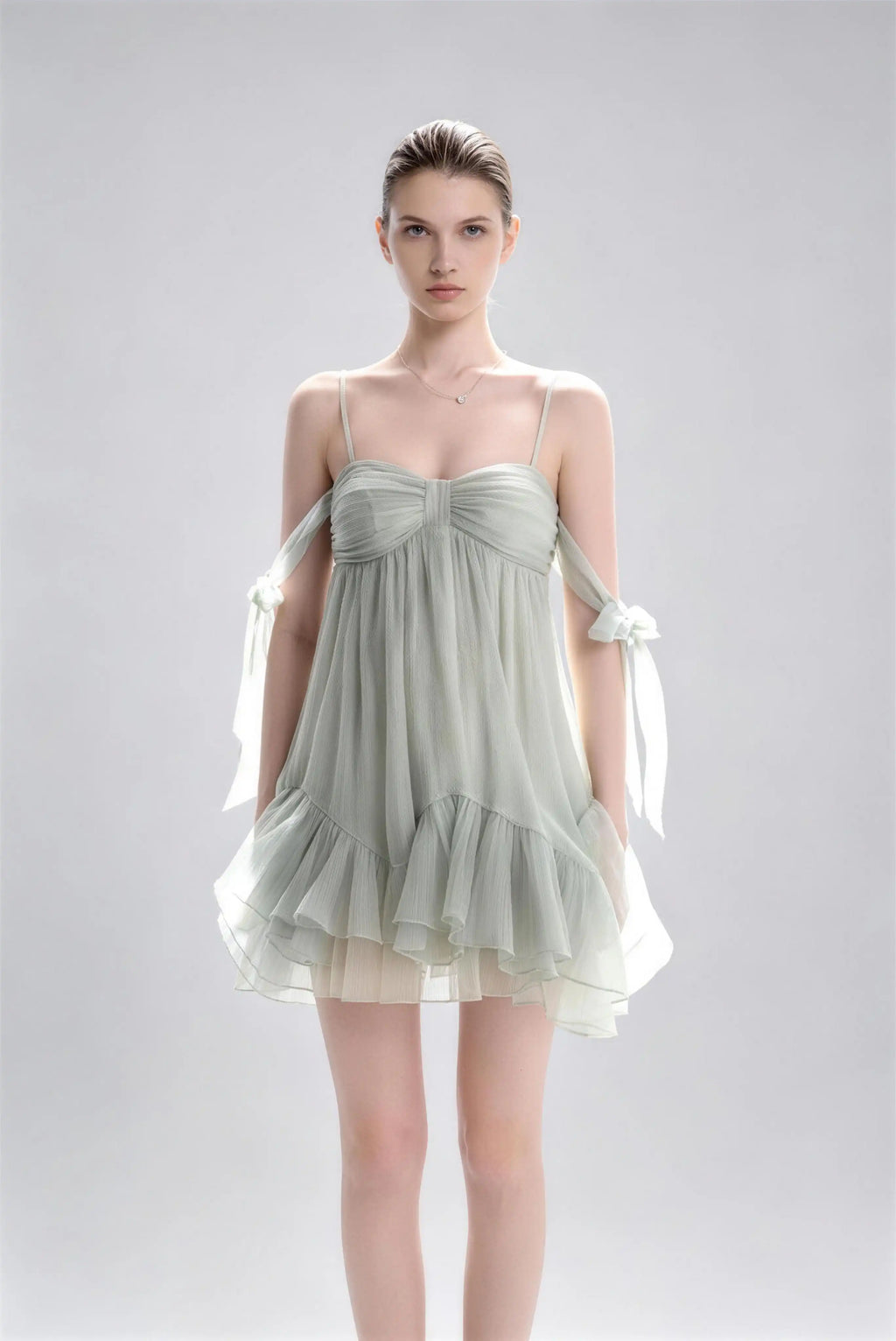 Phoehua Sage Green Spaghetti Strap Crinkled Chiffon Mini Dress, Front View Off‑Shoulder Bow Tie Strap Backless Ruffle Hem A‑Line Vacation Party Dress