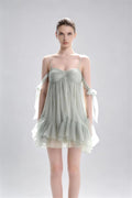 Phoehua Sage Green Spaghetti Strap Crinkled Chiffon Mini Dress, Front View Off‑Shoulder Bow Tie Strap Backless Ruffle Hem A‑Line Vacation Party Dress
