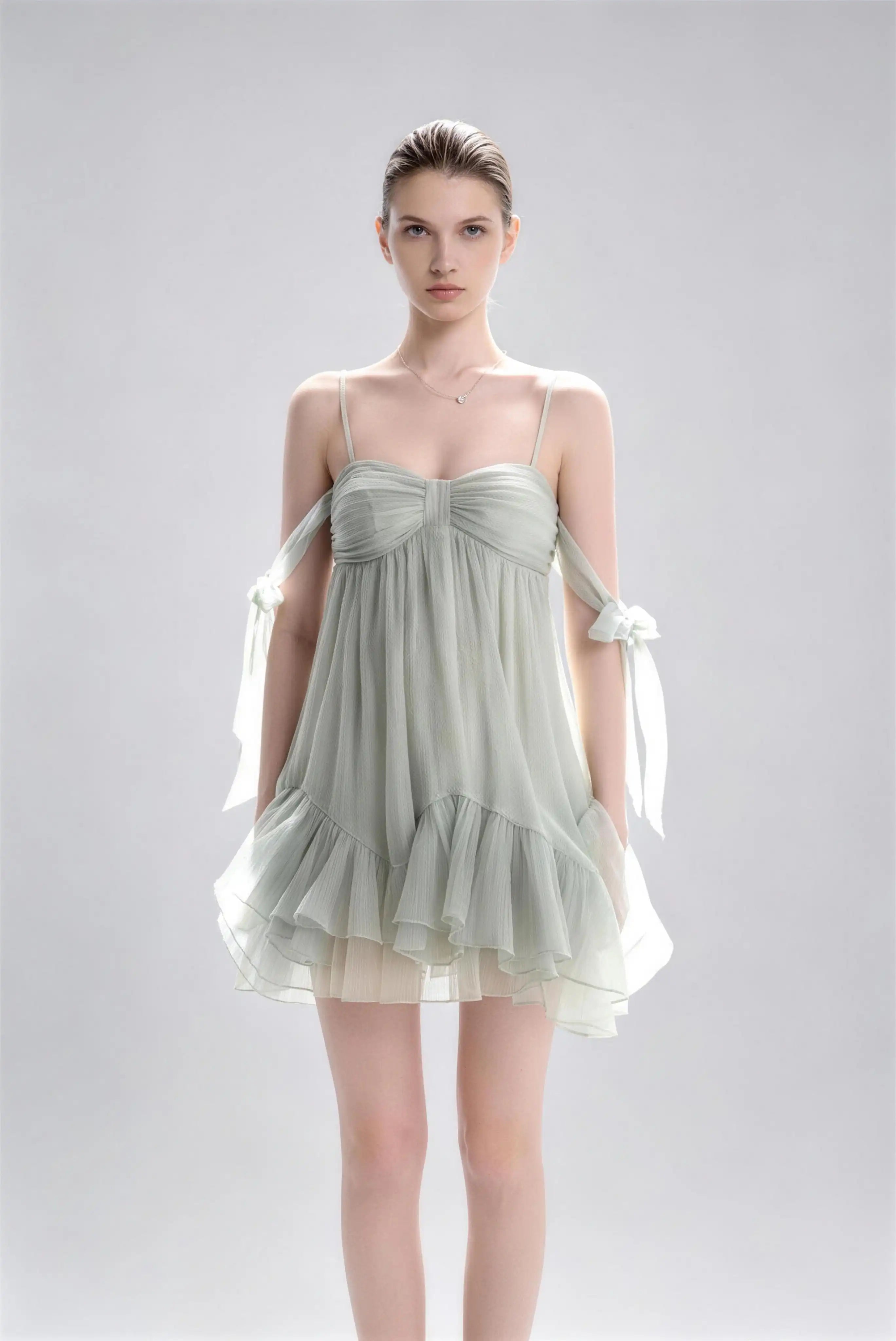 Phoehua Sage Green Spaghetti Strap Crinkled Chiffon Mini Dress, Front View Off‑Shoulder Bow Tie Strap Backless Ruffle Hem A‑Line Vacation Party Dress