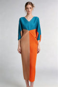 Phoehua Lake Blue Orange Khaki Color Block Pleated Midi Dress, Front View V‑Neck Batwing Sleeve High‑Waist Stretch Polyester Artistic Commuter Casual Party Dress