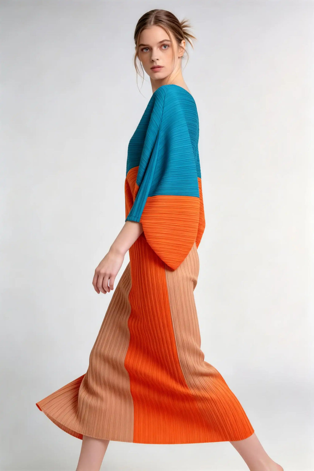 Phoehua Side Walking‑Pose View of Modern Abstract Color‑Block Dress, Pleated V‑Neck Batwing‑Sleeve High‑Waist Stretch‑Polyester Travel‑Ready Midi Dress