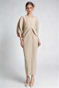 Phoehua Light Apricot V‑Neck Batwing Pleated Midi Dress, Front View High‑Waist Draped Back Stretch Polyester Elegant Minimalist Commuter Evening Party Dress