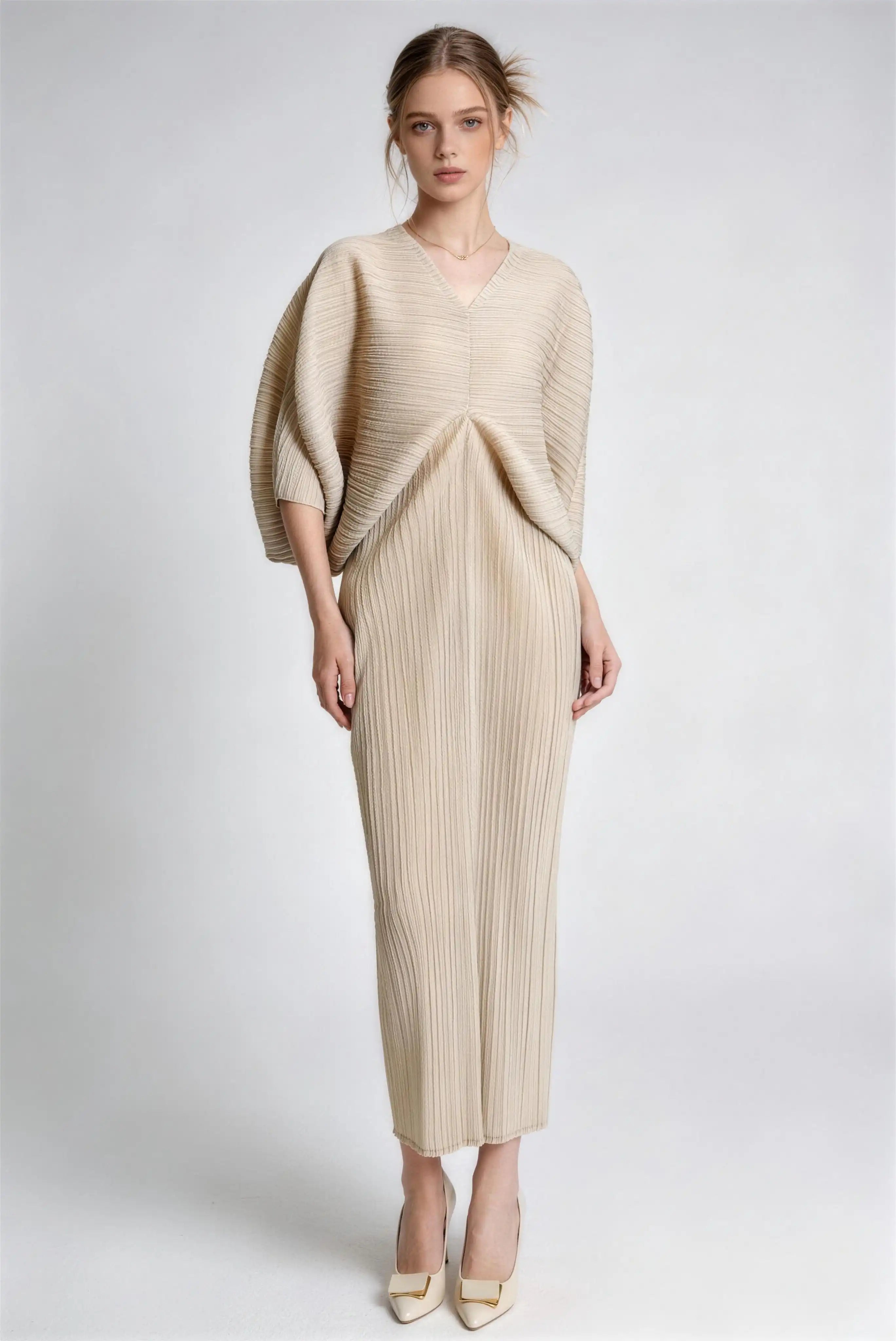Phoehua Light Apricot V‑Neck Batwing Pleated Midi Dress, Front View High‑Waist Draped Back Stretch Polyester Elegant Minimalist Commuter Evening Party Dress