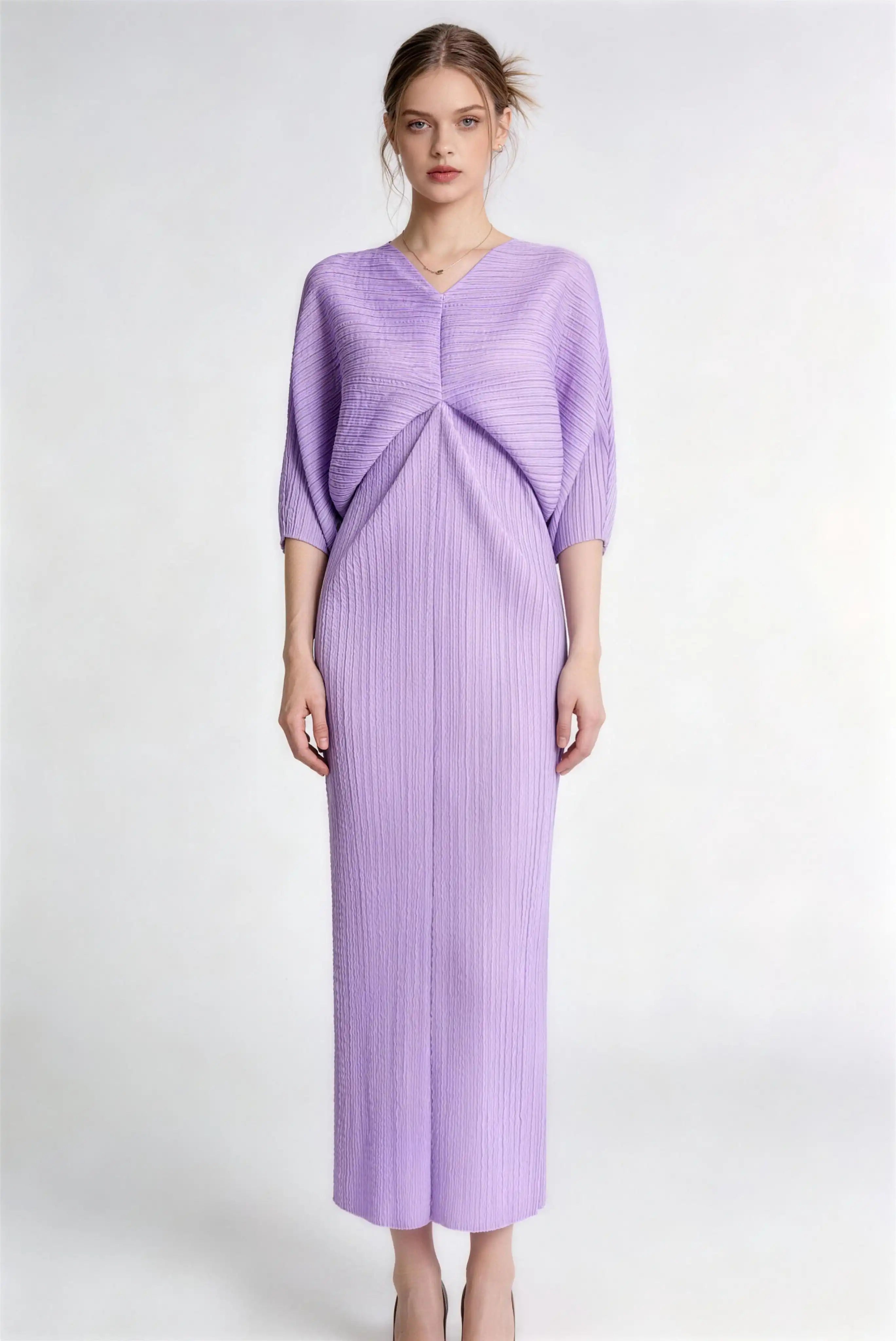 Phoehua Light Purple V‑Neck Batwing Pleated Midi Dress, Front View High‑Waist Draped‑Back Minimalist Stretch‑Polyester Formal Evening Commuter Dress