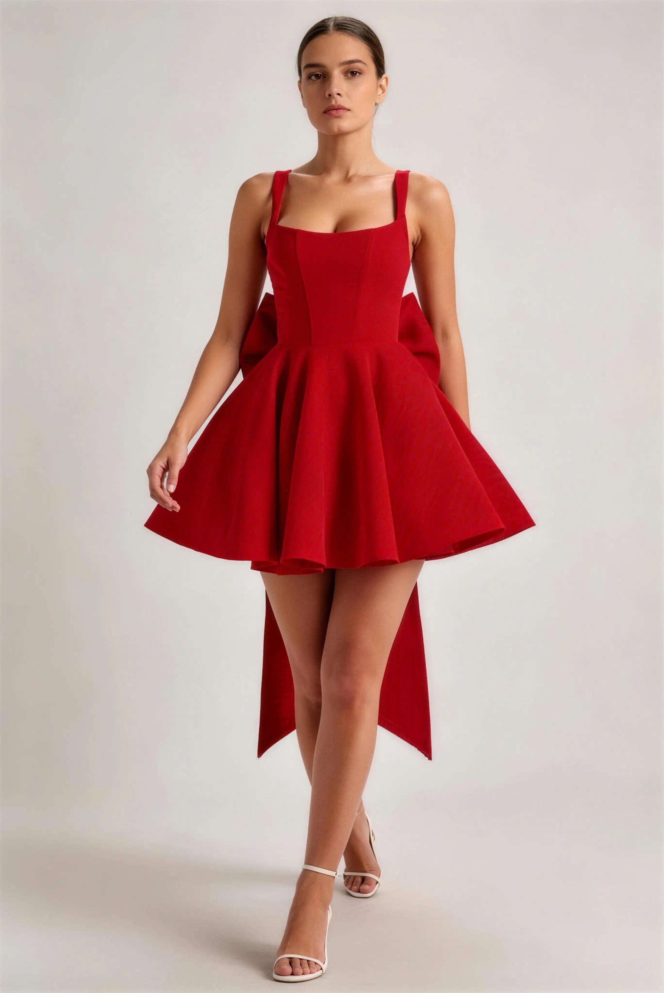 Phoehua Red Square Neck Spaghetti Strap Big Bow Back Mini Dress, Front View High‑Waist A‑Line Flared Princess Skirt Sexy Socialite Formal Party Homecoming Dress