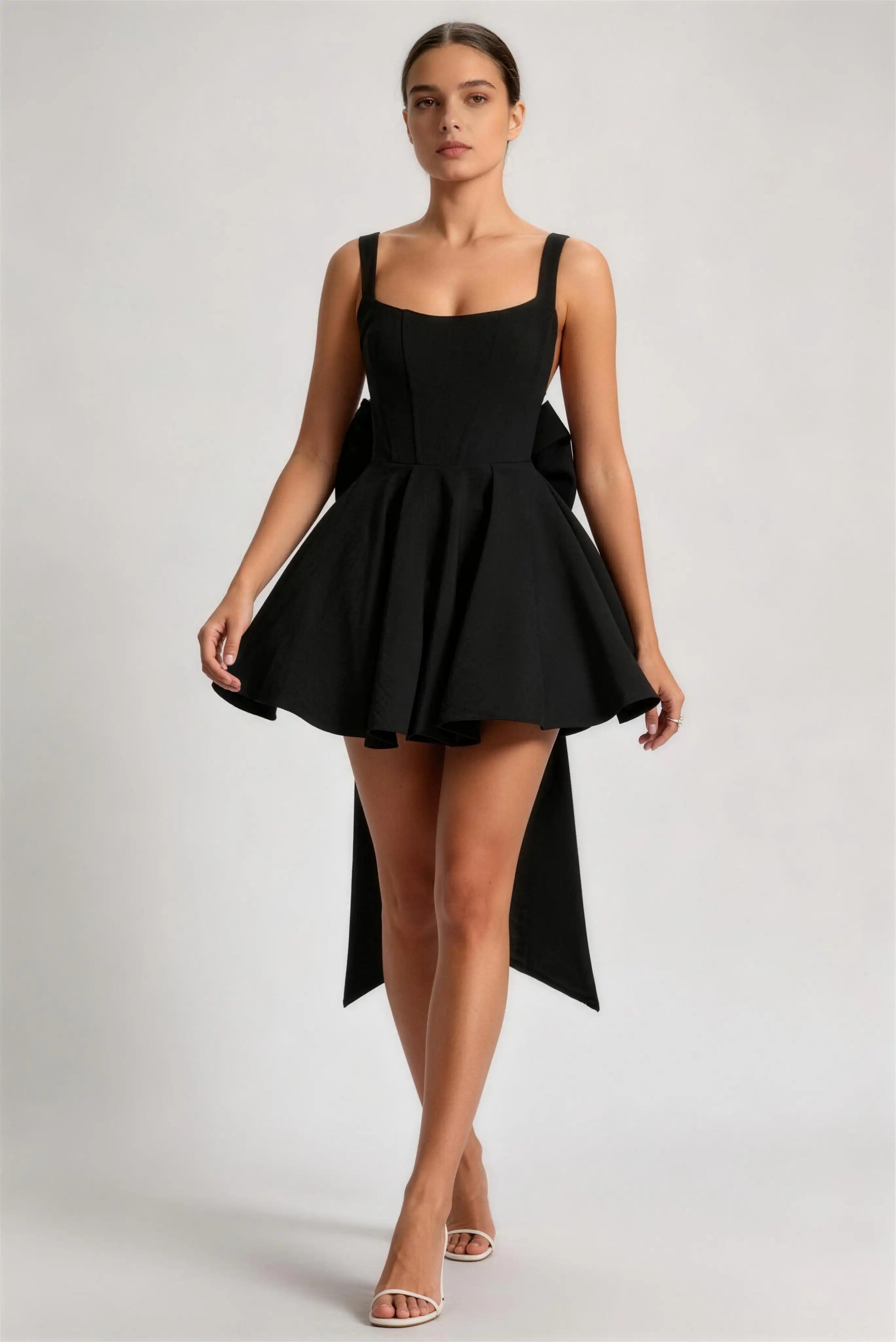 Phoehua Black Square Neck Spaghetti Strap Big Bow Back Mini Dress, Front View High‑Waist A‑Line Flared Sexy Formal Homecoming Party Evening Dress