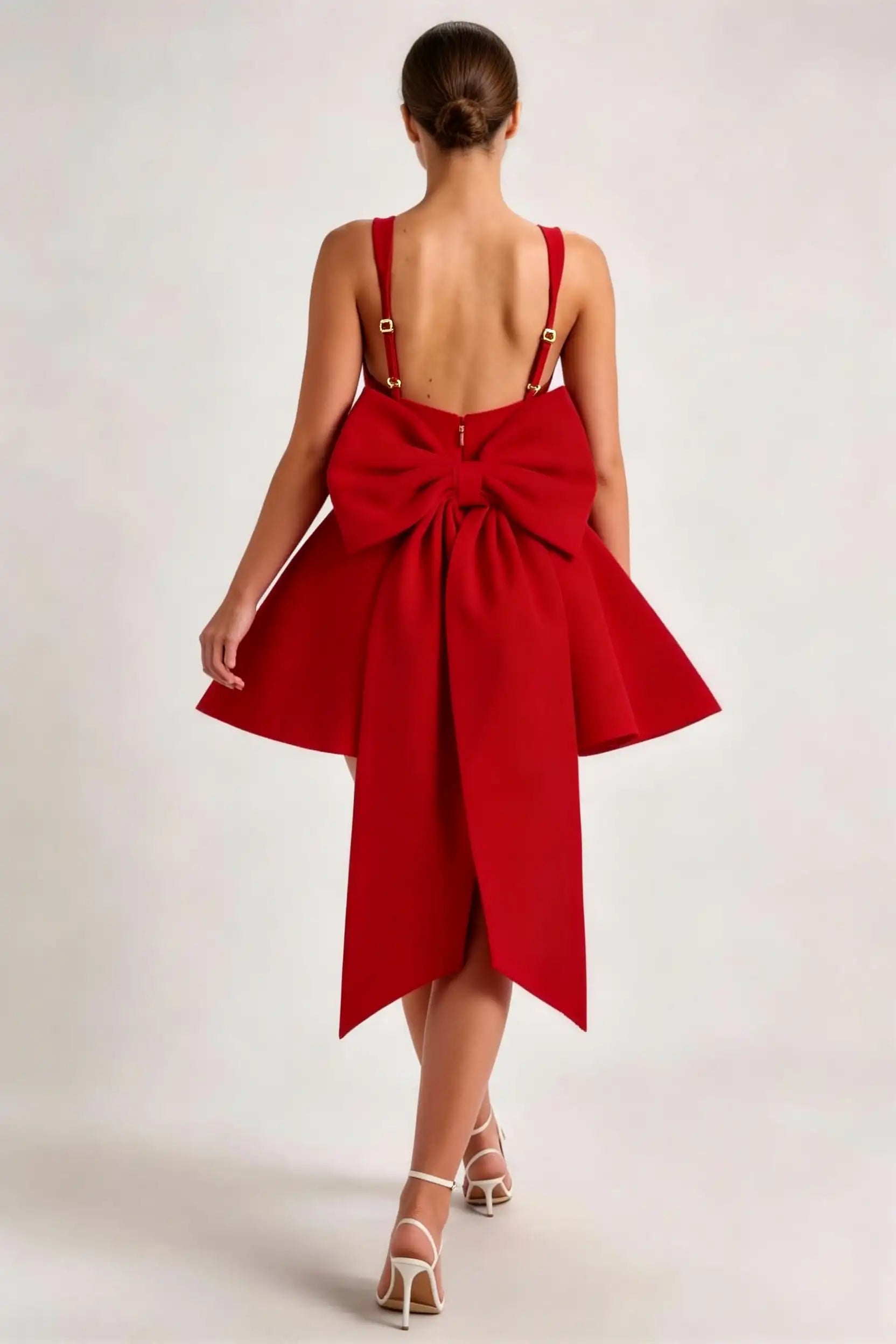 Phoehua Back View of Red Big Bow Back Mini Formal Dress, Square‑Neck Spaghetti‑Strap High‑Waist A‑Line Sexy Socialite Party Evening Gown 