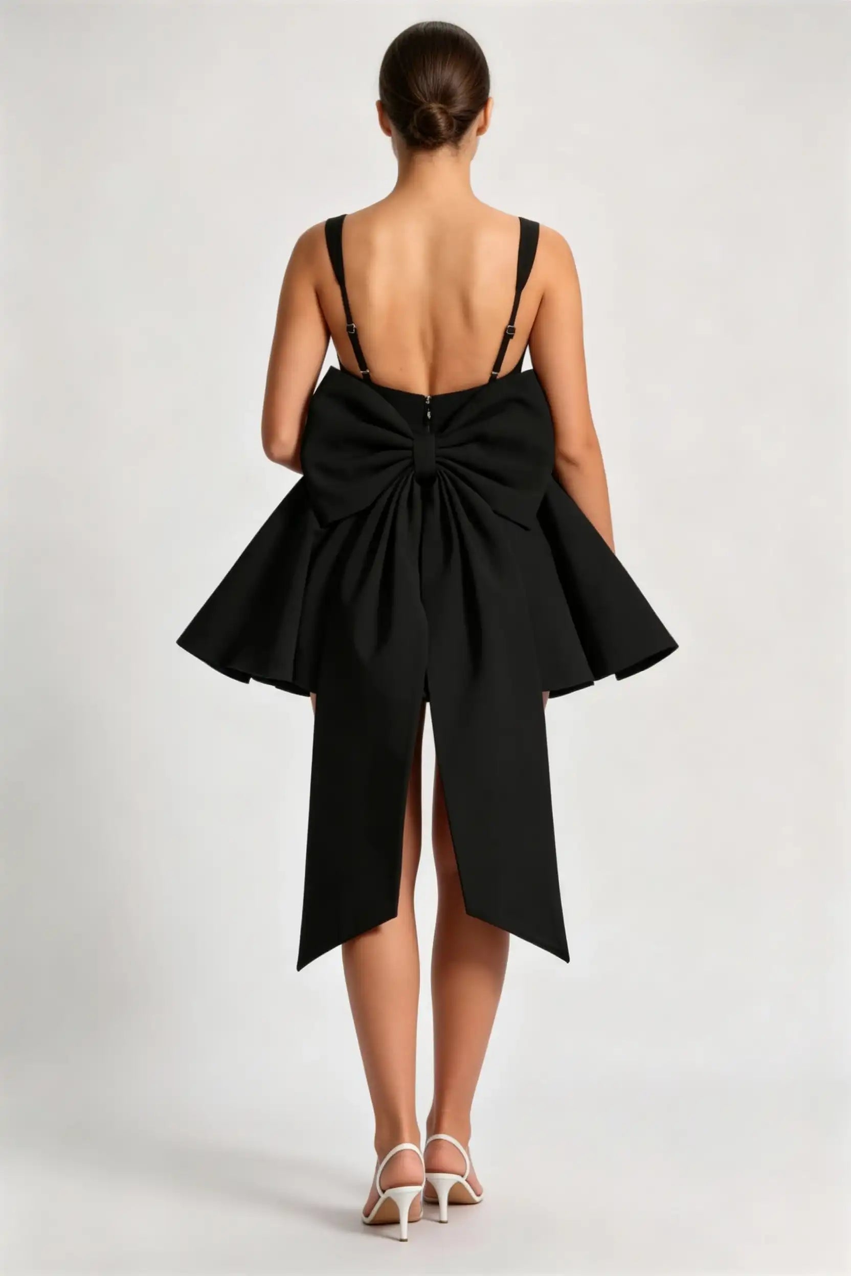 Phoehua Back View of Black Big Bow Back Mini Party Dress, Square‑Neck Spaghetti‑Strap High‑Waist A‑Line Sexy Formal Homecoming Evening Gown