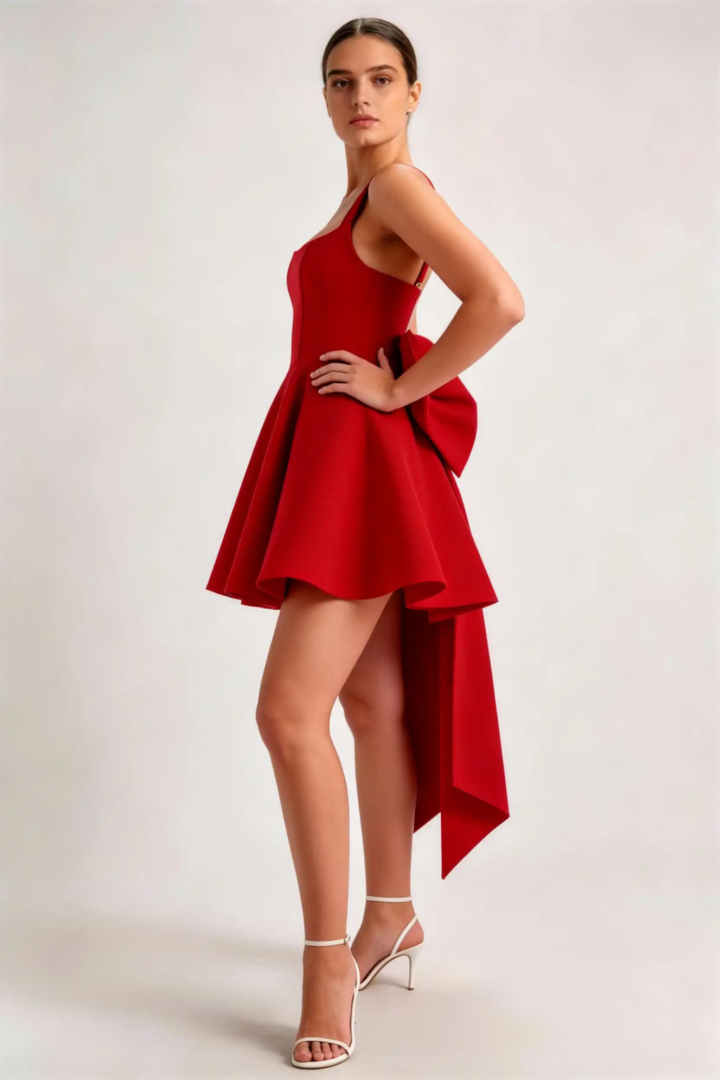 Phoehua Side View of Red Dramatic Bow Back Mini Dress, Square‑Neck Spaghetti‑Strap High‑Waist A‑Line Flared Sexy Formal Cocktail Party Dress