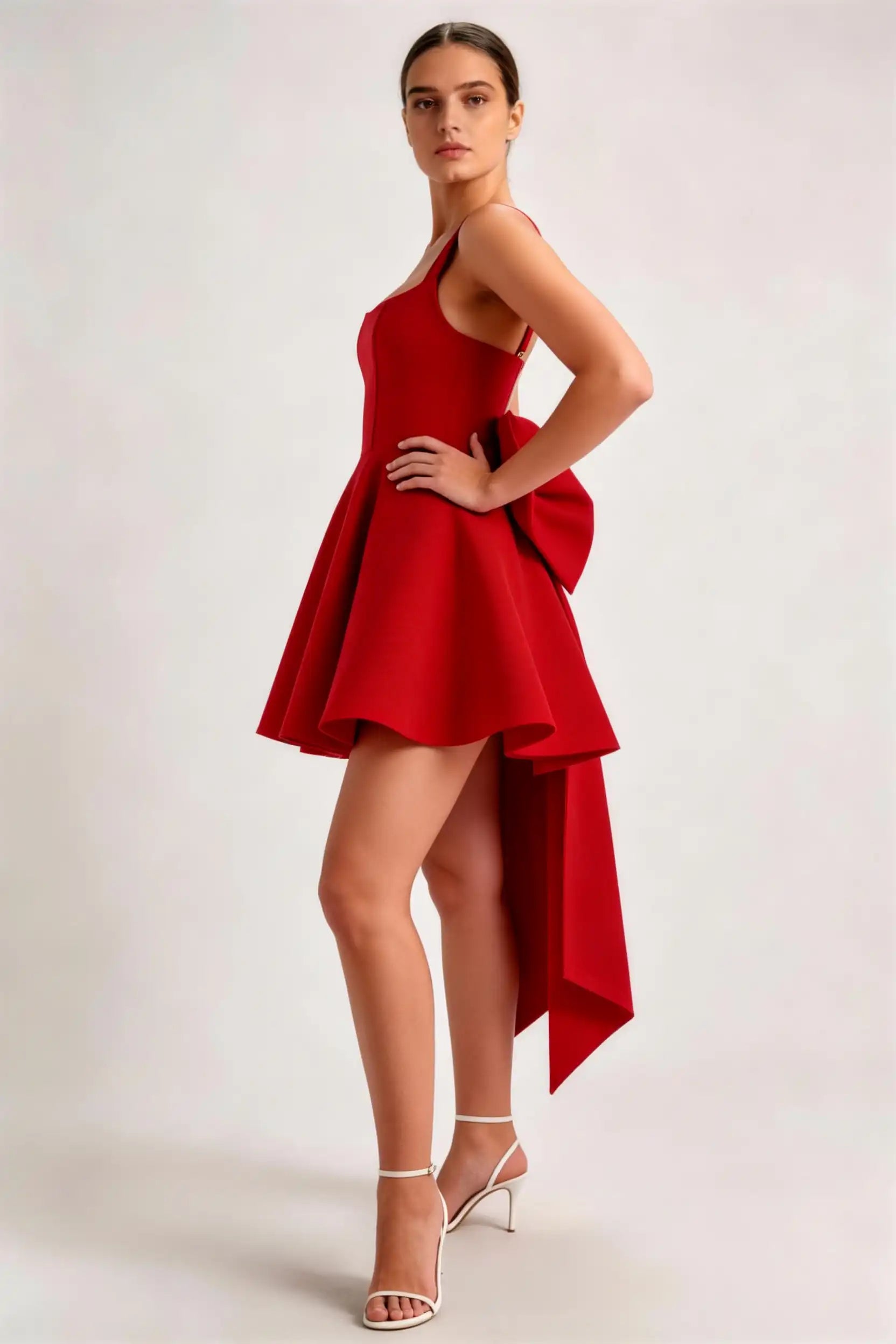 Phoehua Side View of Red Dramatic Bow Back Mini Dress, Square‑Neck Spaghetti‑Strap High‑Waist A‑Line Flared Sexy Formal Cocktail Party Dress
