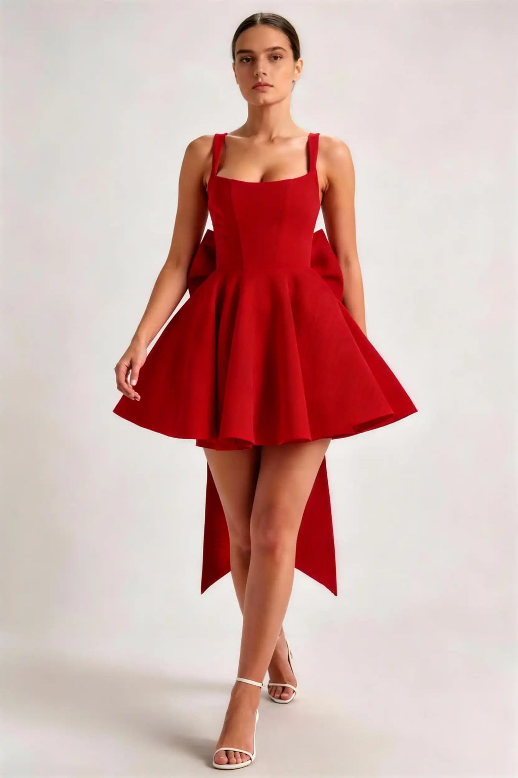 Model wearing red big bow back square neck mini party dress