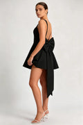 Phoehua Black One‑Shoulder Oversized Bow Fringe Midi Dress, Front View Asymmetrical Neck Tiered Tassel Slim Formal Evening Cocktail Party Dress
