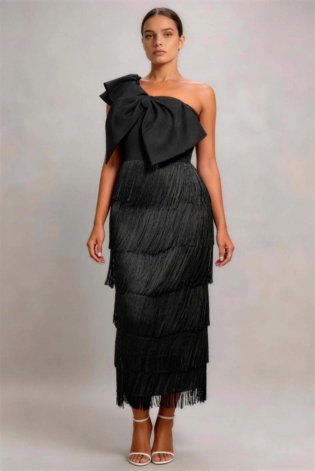 Phoehua Back View of Black One‑Shoulder Fringe Midi Formal Dress, Asymmetrical‑Neck Oversized‑Bow Tiered‑Tassel Slim Evening Party Gown