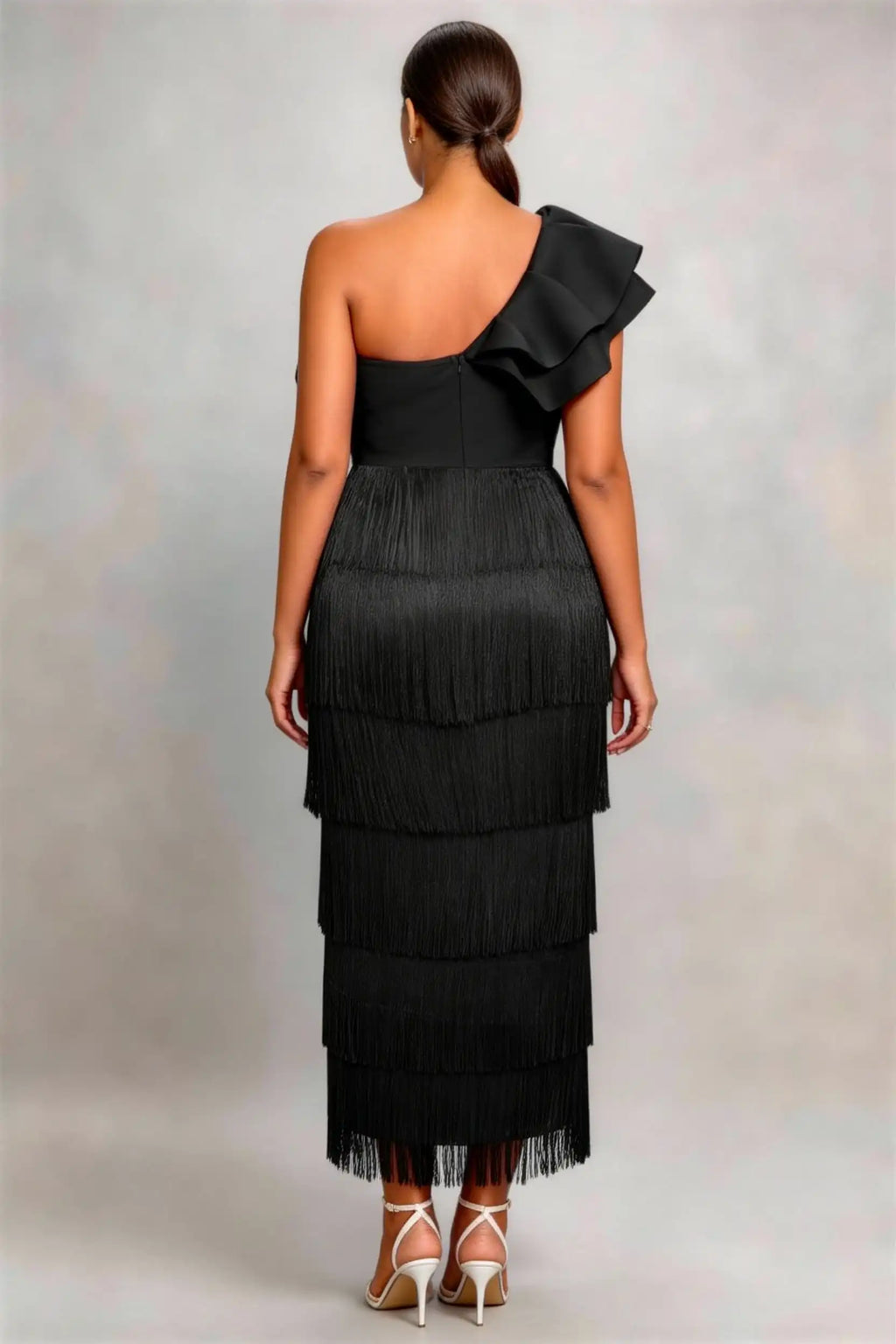 Phoehua Back View of Black One‑Shoulder Fringe Midi Formal Dress, Asymmetrical‑Neck Oversized‑Bow Tiered‑Tassel Slim Evening Party Gown