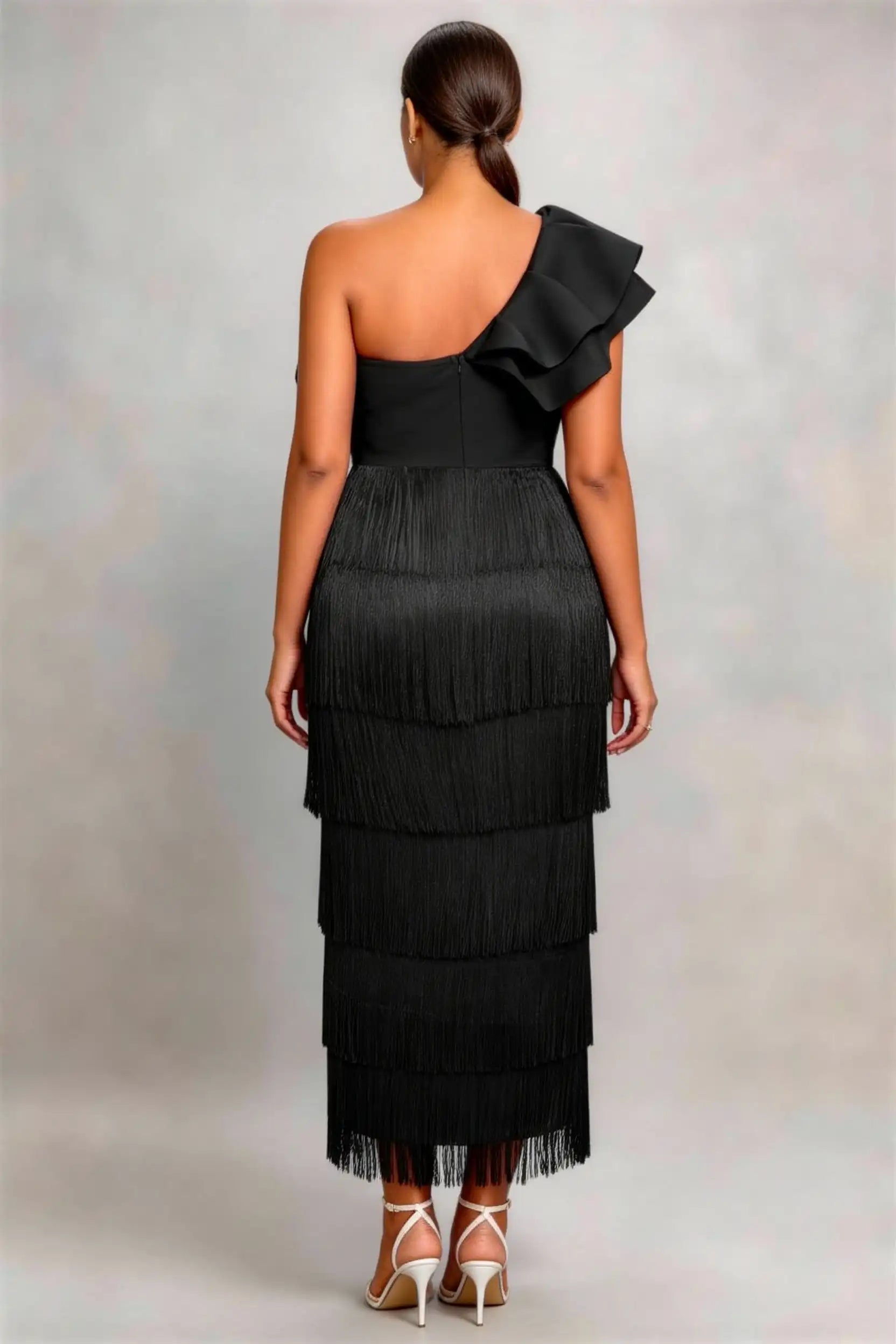 Phoehua Back View of Black One‑Shoulder Fringe Midi Formal Dress, Asymmetrical‑Neck Oversized‑Bow Tiered‑Tassel Slim Evening Party Gown