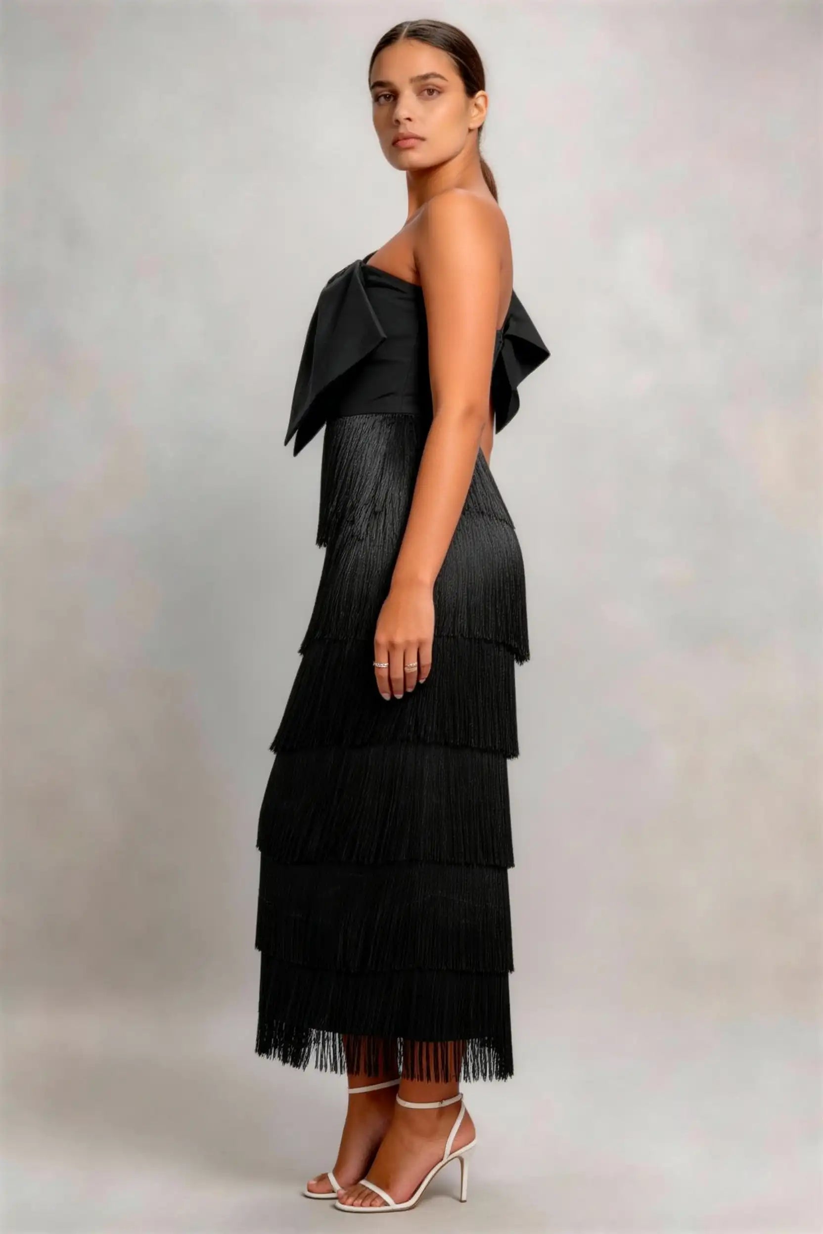Phoehua Side View of Black Luxury Fringe Party Dress, One‑Shoulder Oversized‑Bow Asymmetrical‑Neck Tiered‑Tassel Slim Formal Cocktail Midi Dress