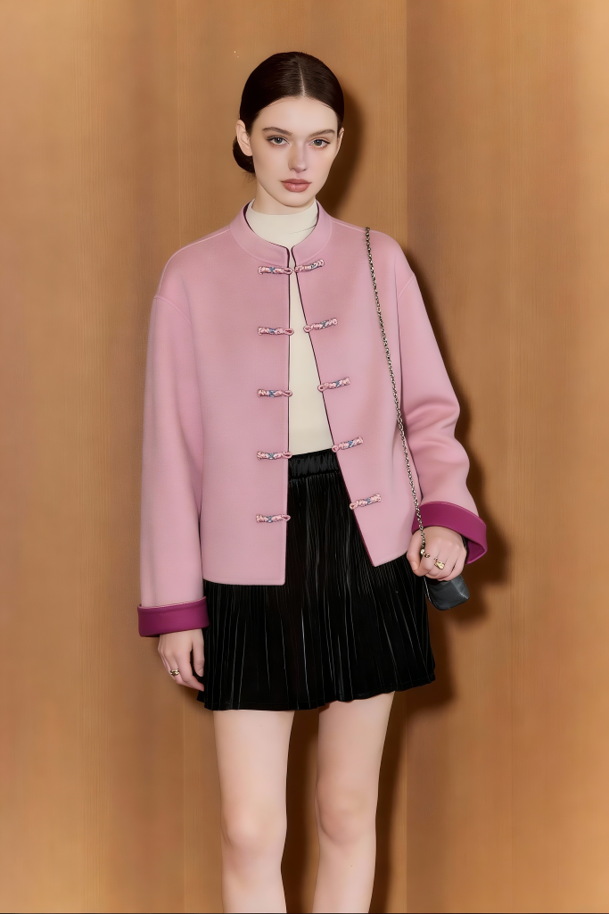 Elegant Chinese Style Grey Wool Blend Jacket with Rhinestone Frog Buttons