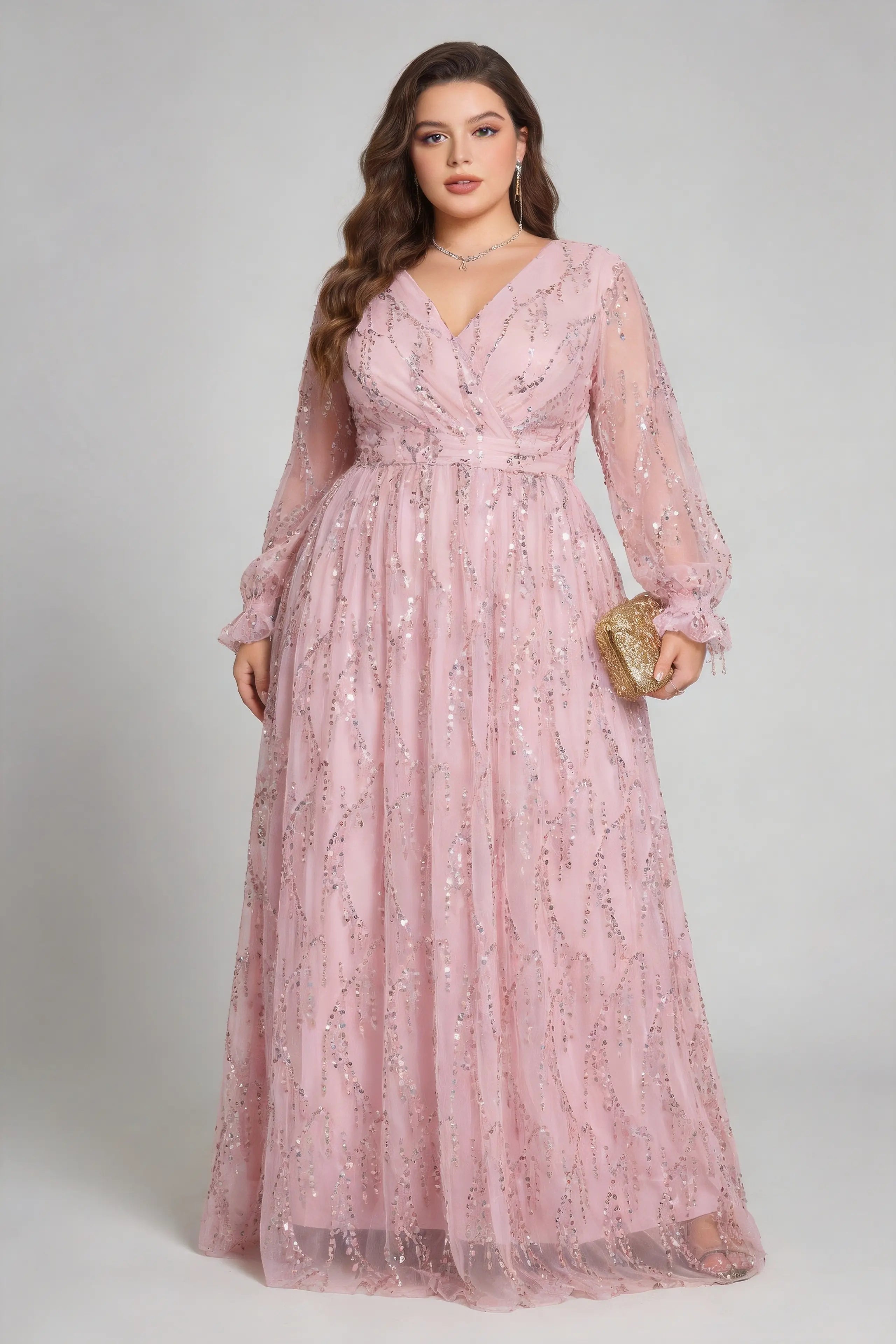 Elegant Sequin Tulle Bridesmaid Pink Dress, V-Neck Long Sleeve A-Line Floor-Length Gown for Plus Size Women