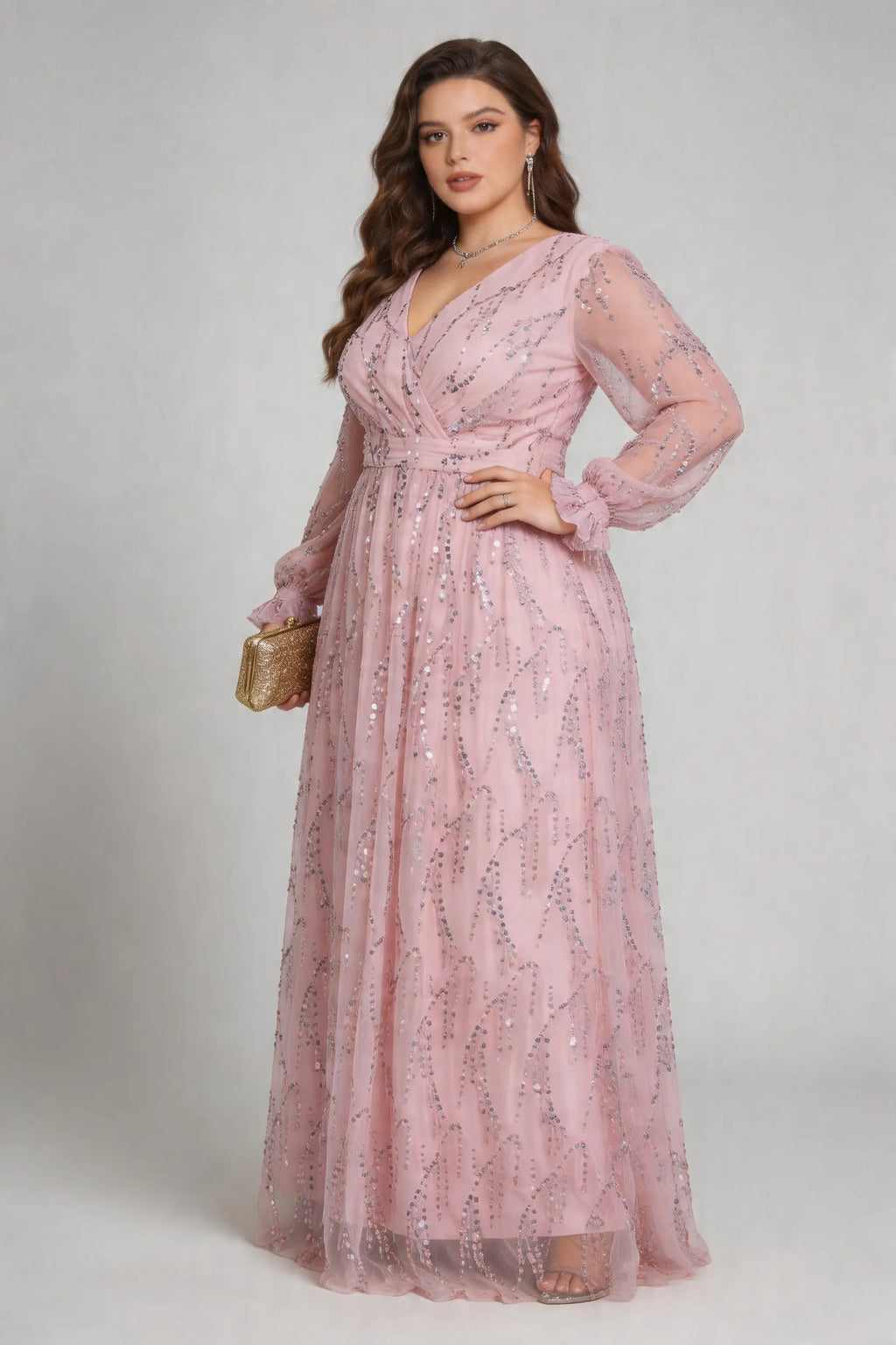 Elegant Sequin Tulle Bridesmaid Pink Dress, V-Neck Long Sleeve A-Line Floor-Length Gown for Plus Size Women
