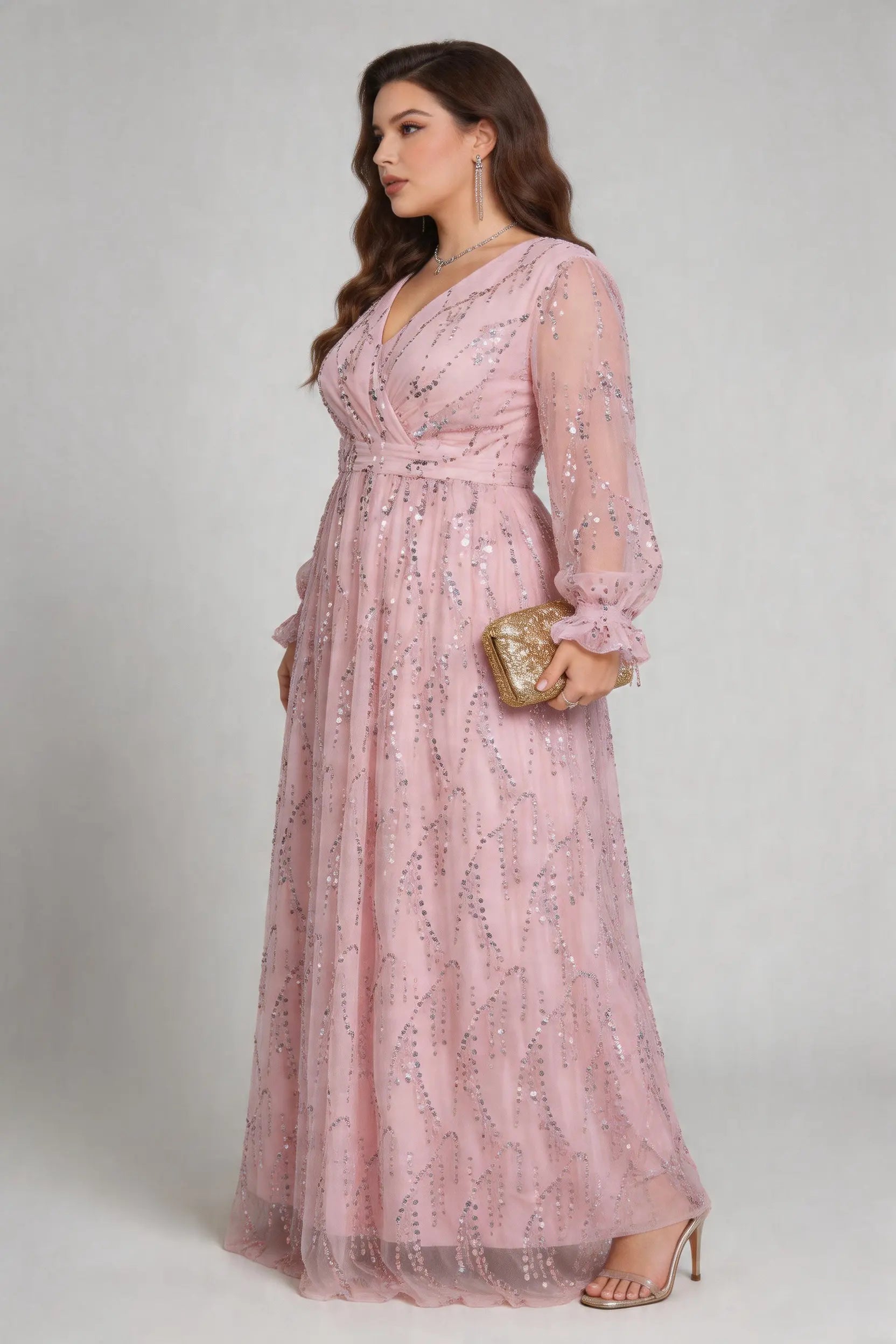 Elegant Sequin Tulle Bridesmaid Pink Dress, V-Neck Long Sleeve A-Line Floor-Length Gown for Plus Size Women