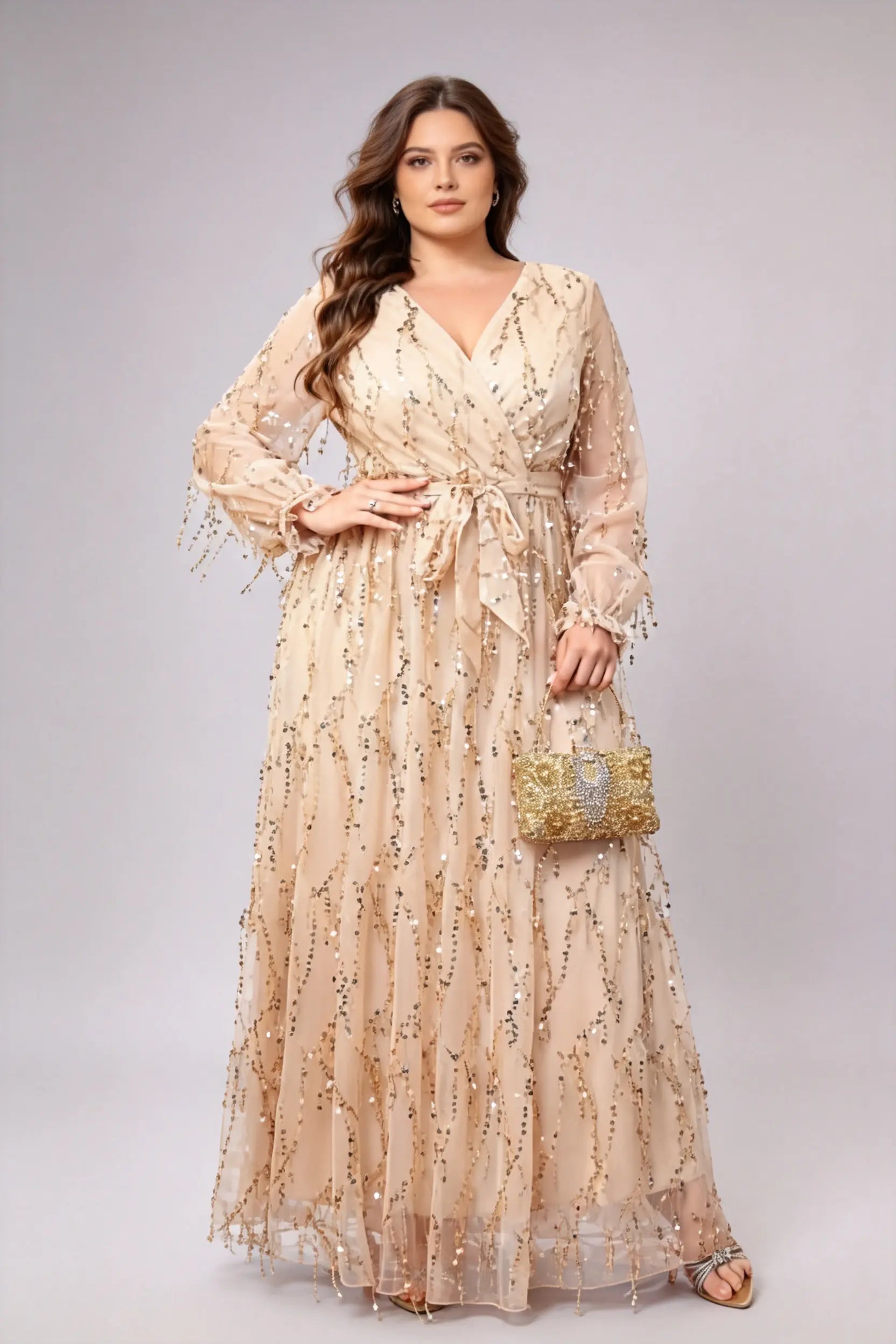 Elegant Sequin Tulle Bridesmaid Beige Dress, V-Neck Long Sleeve A-Line Floor-Length Gown for Plus Size Women