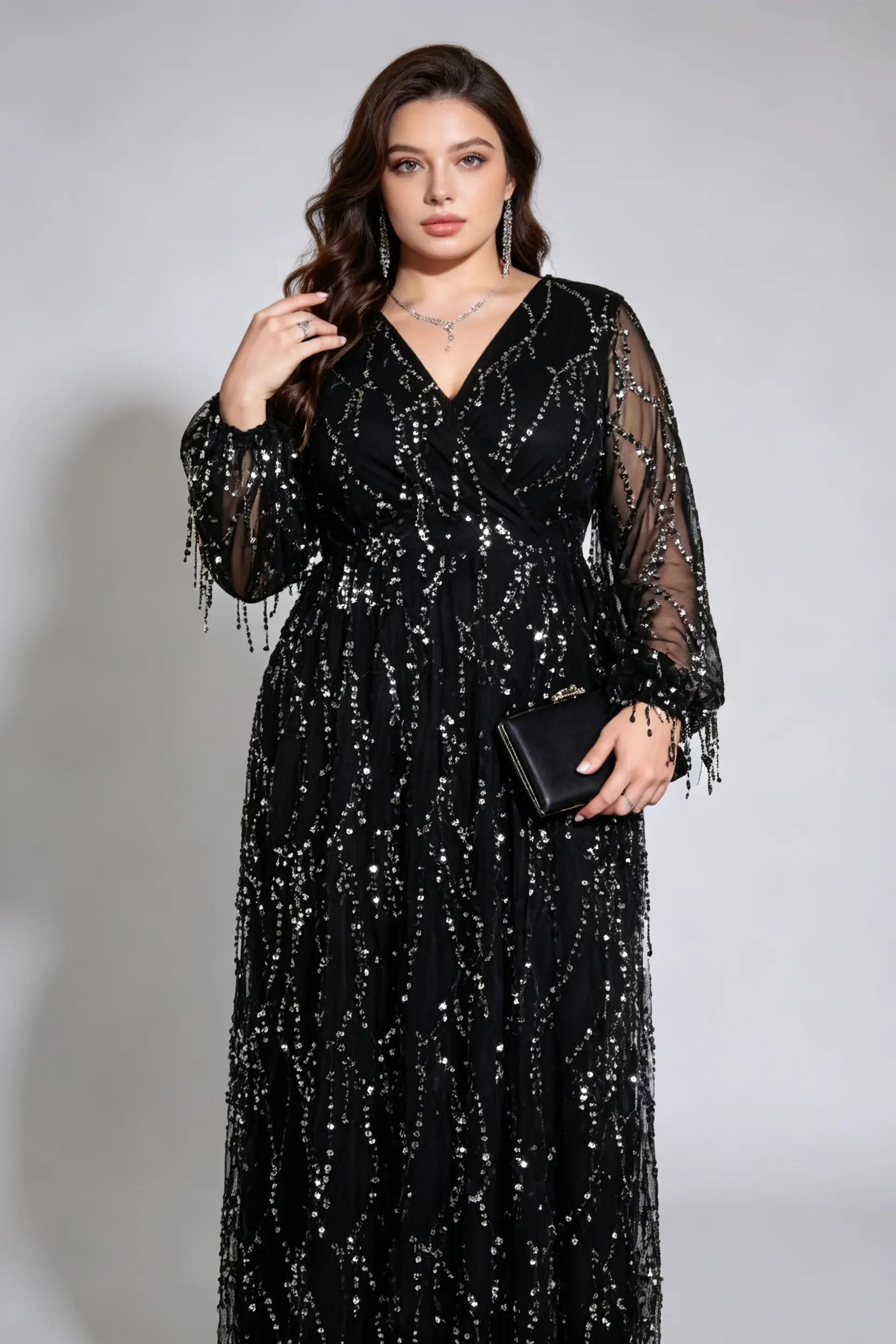 Elegant Sequin Tulle Bridesmaid Black Dress, V-Neck Long Sleeve A-Line Floor-Length Gown for Plus Size Women