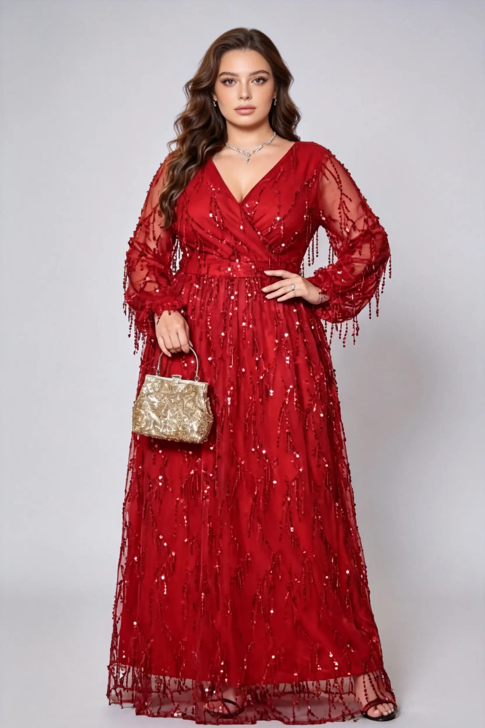 Elegant Sequin Tulle Bridesmaid Red Dress, V-Neck Long Sleeve A-Line Floor-Length Gown for Plus Size Women