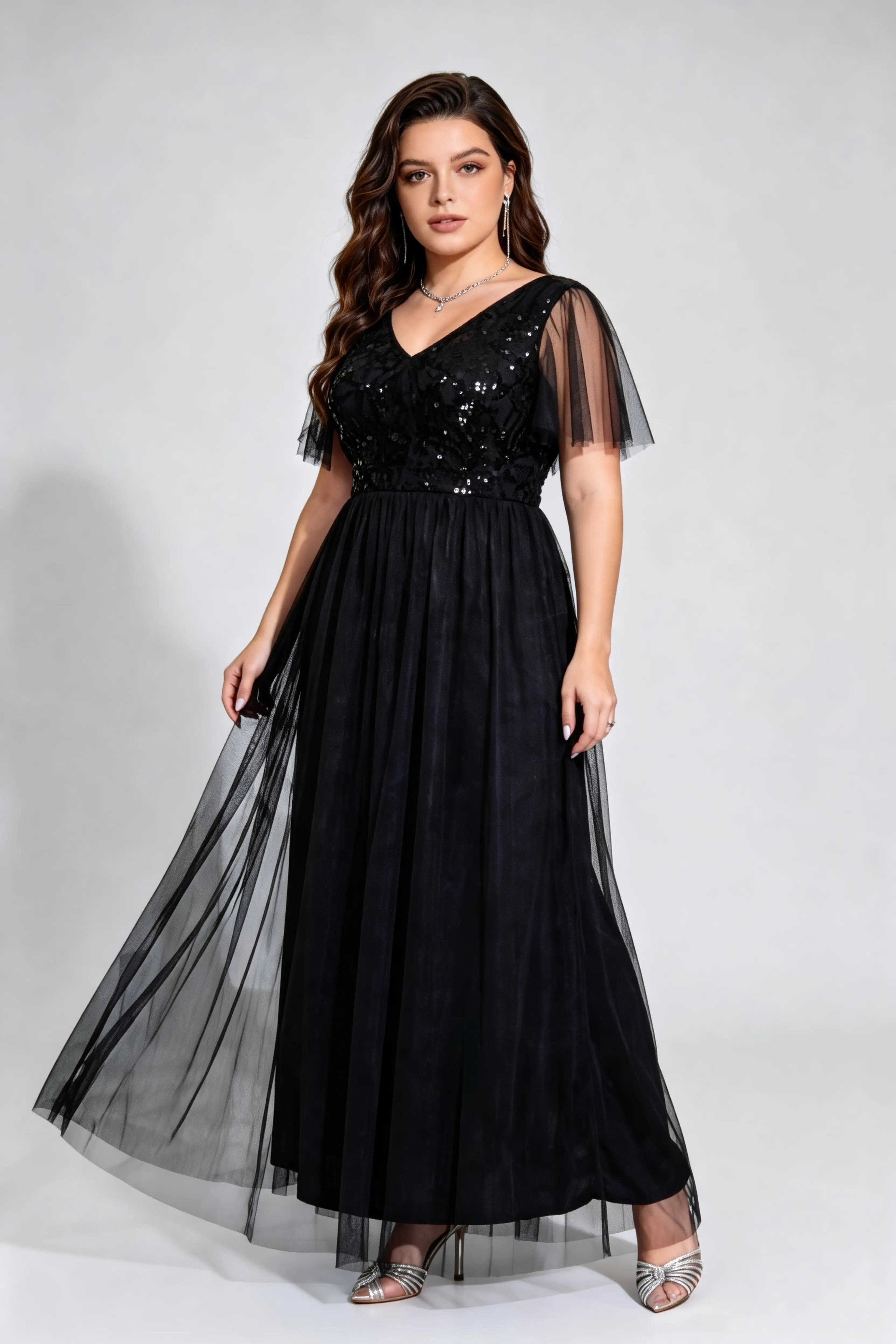 Elegant Sequin Bridesmaid Black Dress, V-Neck Plus Size Formal Gown, Floor-Length Evening Dress for Wedding Guests & Special Occasions