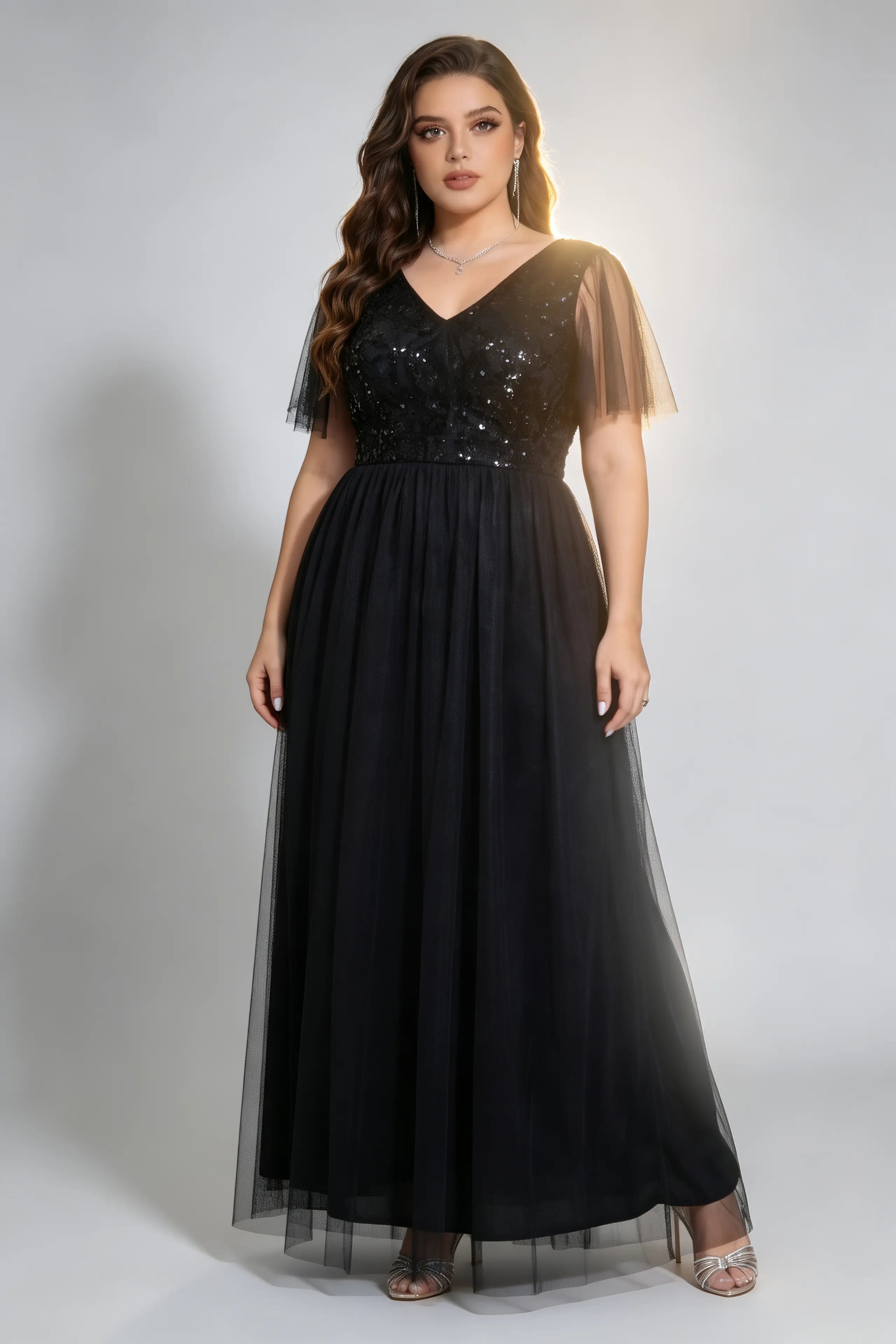 Elegant Sequin Bridesmaid Black Dress, V-Neck Plus Size Formal Gown, Floor-Length Evening Dress for Wedding Guests & Special Occasions