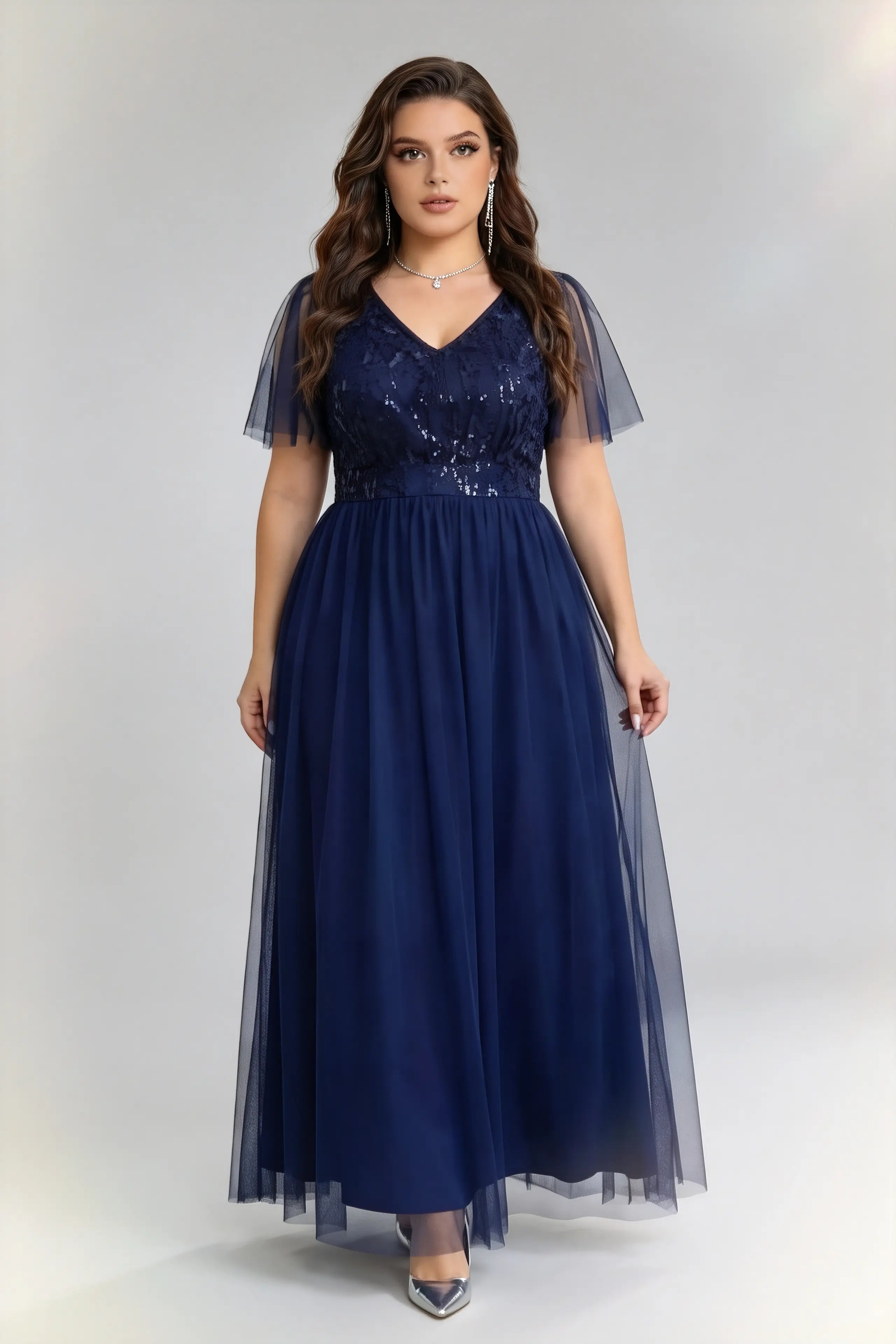 Elegant Sequin Bridesmaid Navy Dress, V-Neck Plus Size Formal Gown, Floor-Length Evening Dress for Wedding Guests & Special Occasions