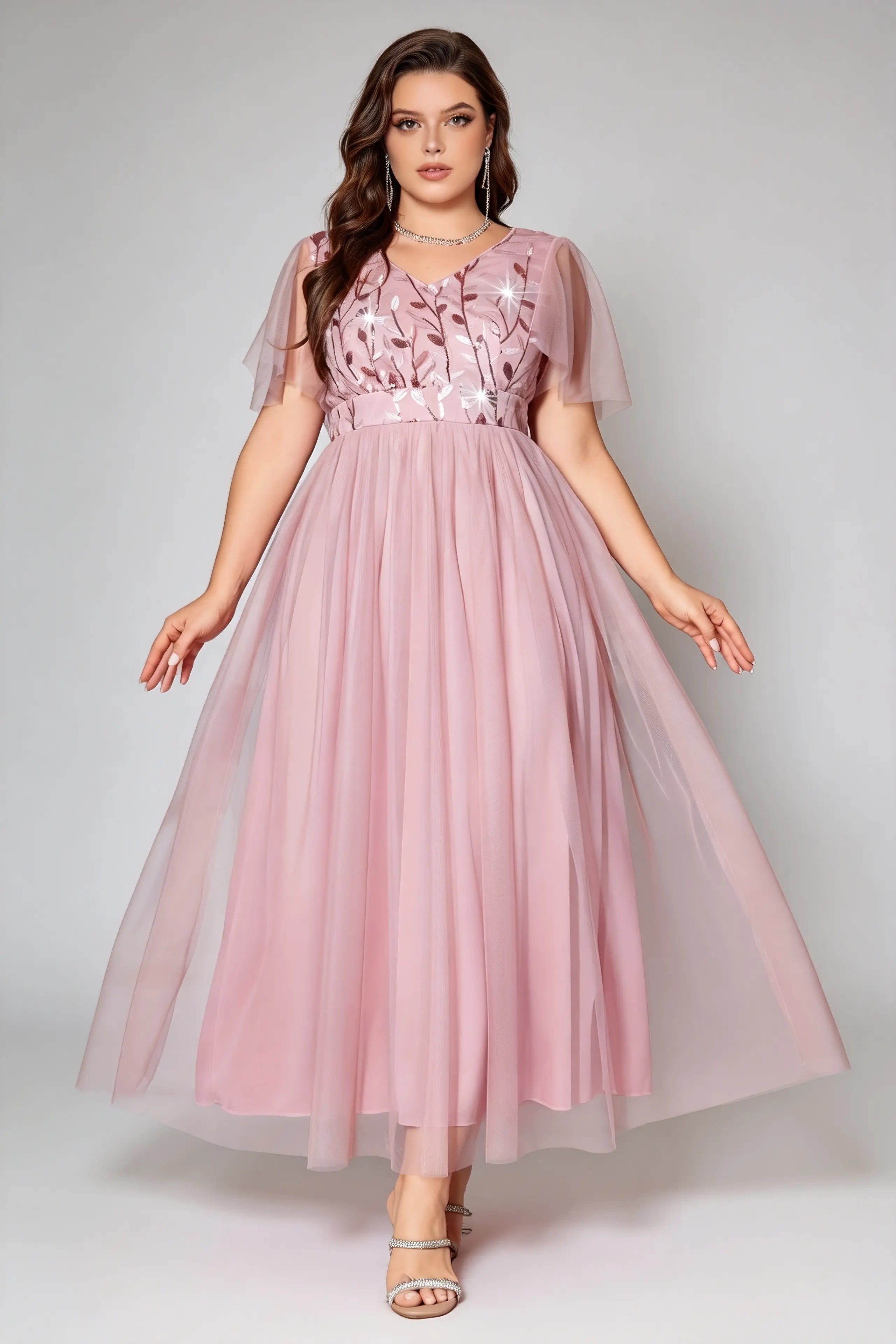 Plus Size V-neck Sequin Mesh Sleeves Long Formal Evening Party Dress Pink / 2XL