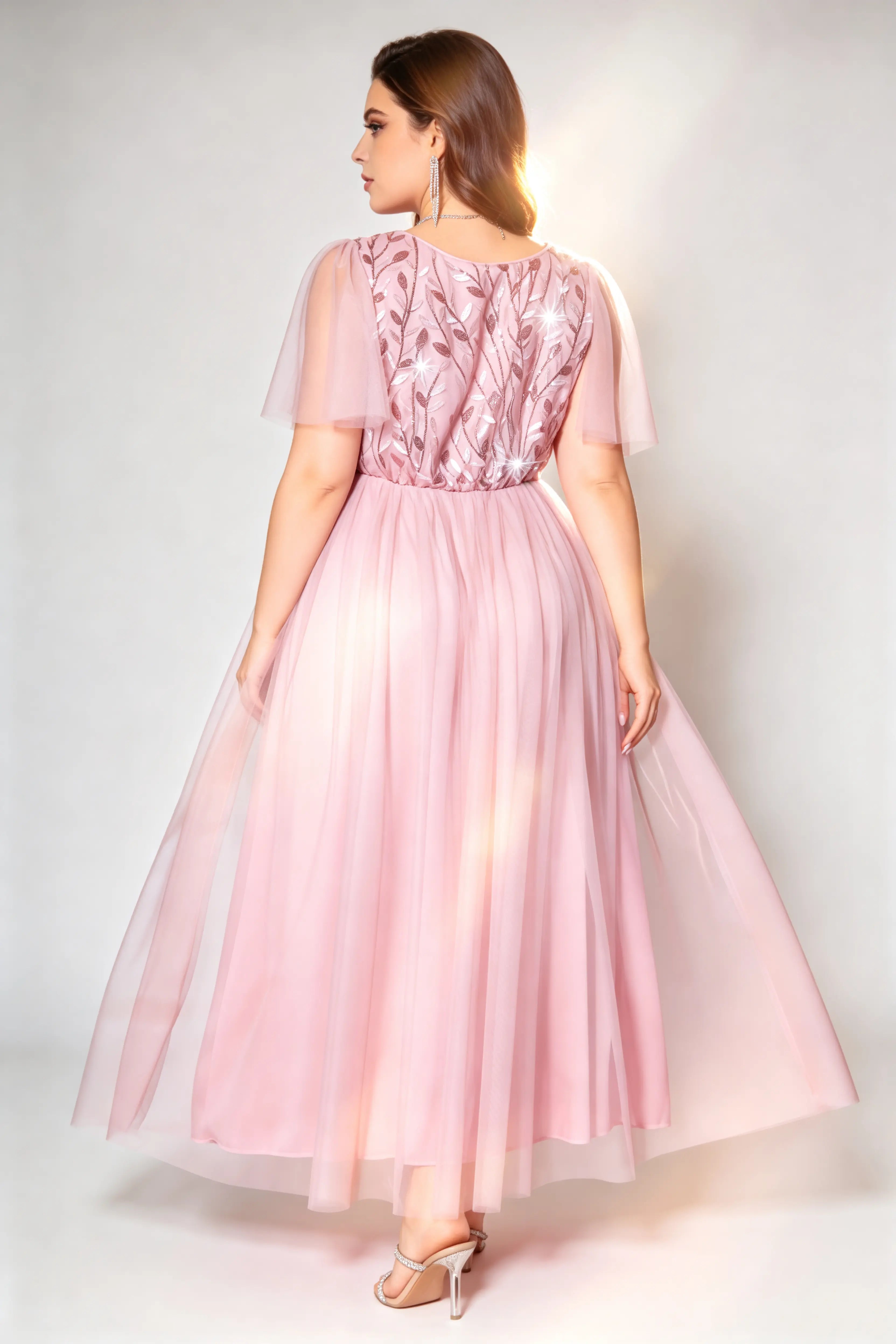 Plus Size V-neck Sequin Mesh Sleeves Long Formal Evening Party Dress Pink / 2XL