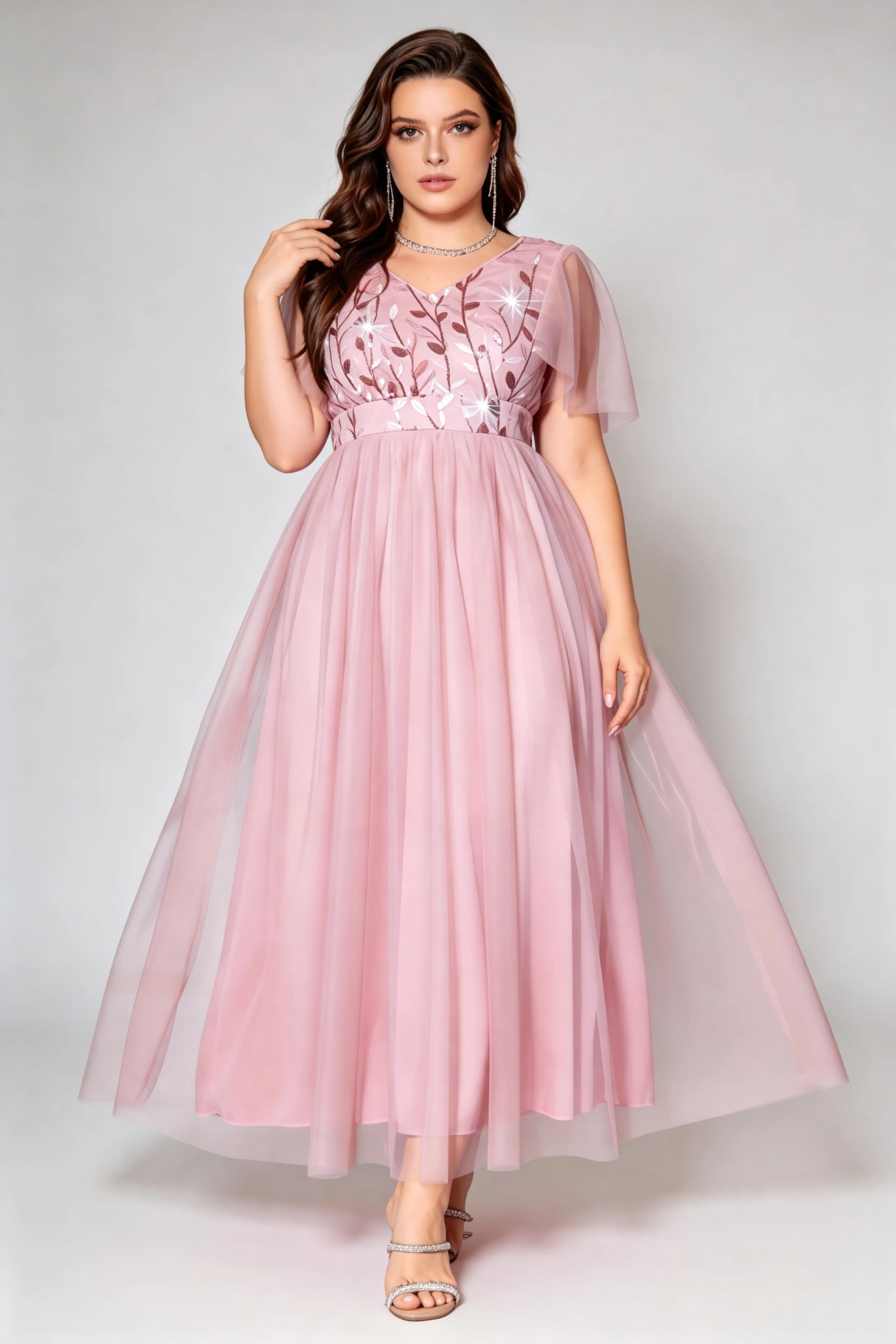 Elegant Sequin Bridesmaid Pink Dress, V-Neck Plus Size Formal Gown, Floor-Length Evening Dress for Wedding Guests & Special Occasions