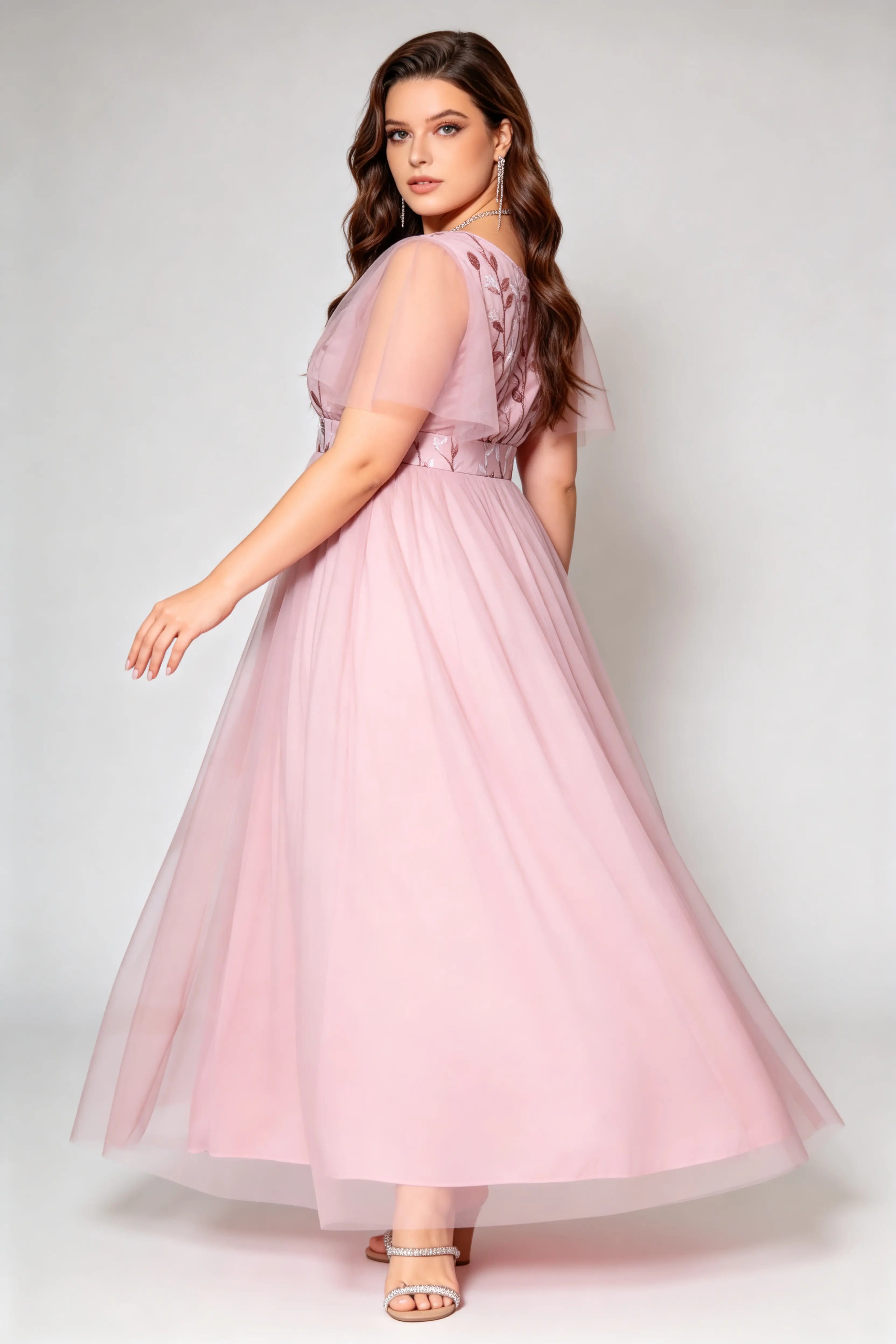 Plus Size V-neck Sequin Mesh Sleeves Long Formal Evening Party Dress Pink / 2XL