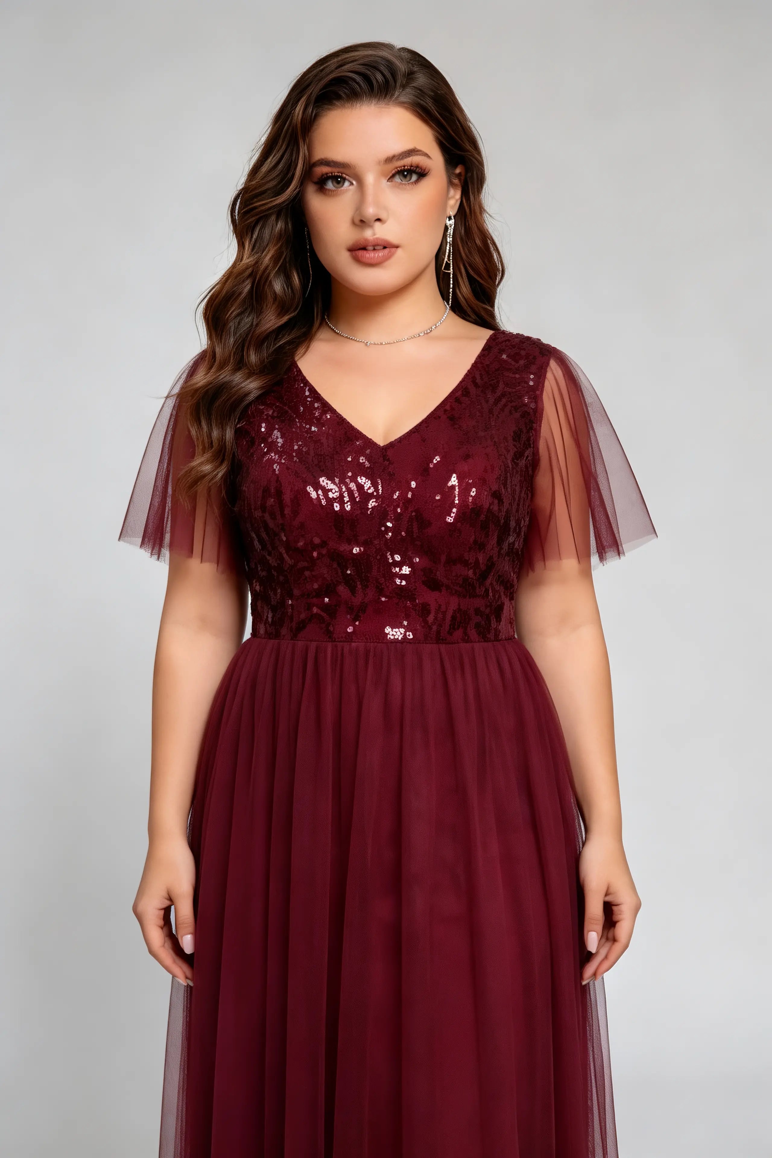 Elegant Sequin Bridesmaid Red Dress, V-Neck Plus Size Formal Gown, Floor-Length Evening Dress for Wedding Guests & Special Occasions