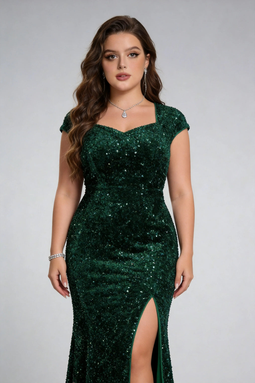 Elegant Sequin Mermaid Bridesmaid Dark Green Dress, Plus Size High Slit Formal Gown Floor-Length Evening Dress for Wedding Guests & Special Events