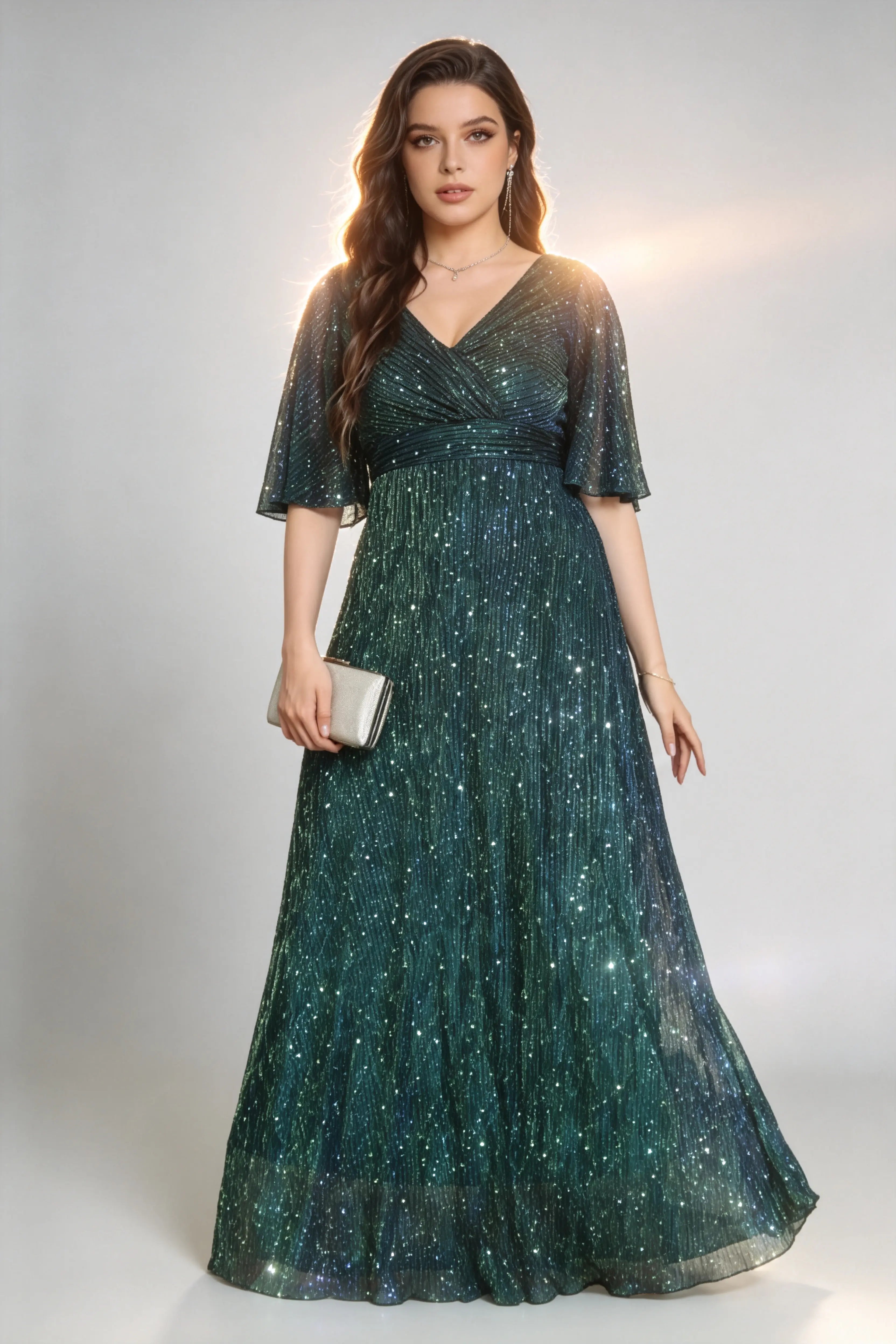 Plus Size Elegant Sequin Gown - Pleated Laser-Cut Half Sleeves A-Line Dark Green Dress