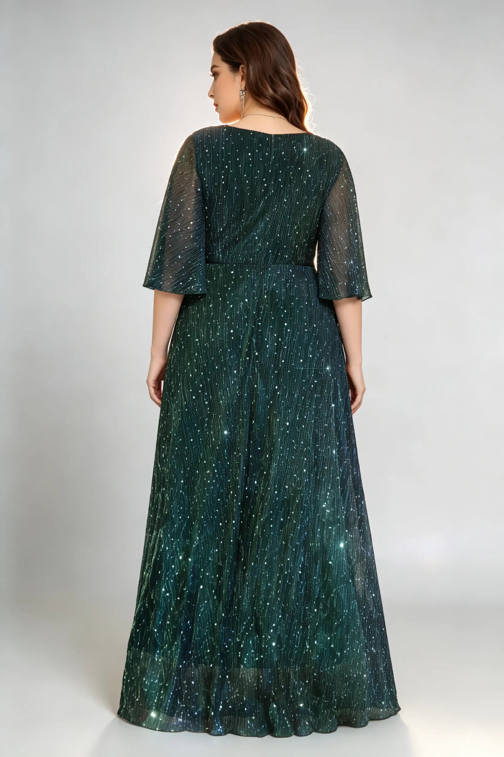 Plus Size Dark Green Sequined V-neck Flutter Sleeve Long Formal Dress phoehua Plus Size Dark Green Sequined V-neck Flutter Sleeve Long Formal Dress phoehua