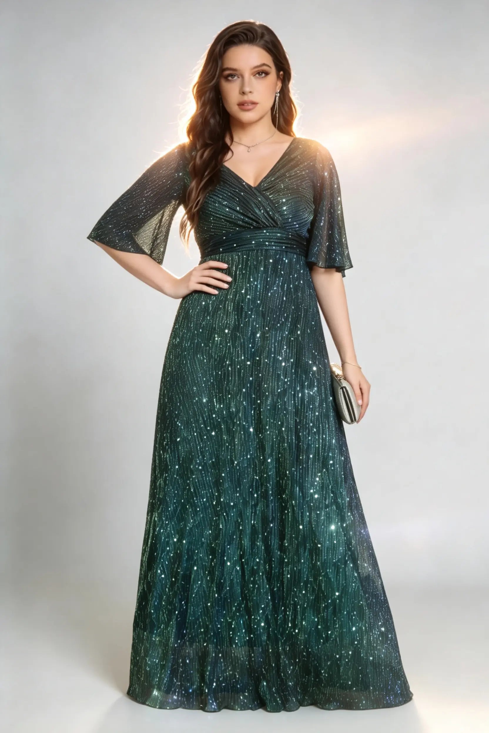 Plus Size Elegant Sequin Gown - Pleated Laser-Cut Half Sleeves A-Line Dark Green Dress
