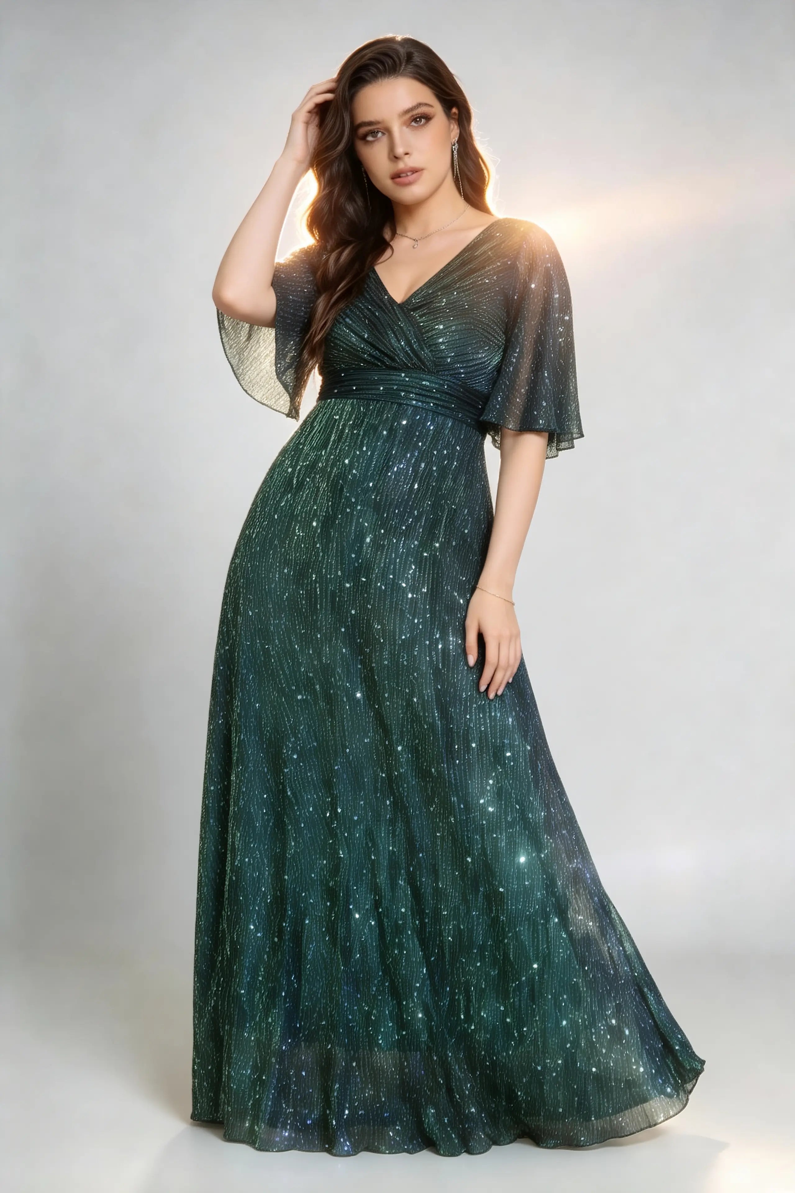 Plus Size Elegant Sequin Gown - Pleated Laser-Cut Half Sleeves A-Line Dark Green Dress
