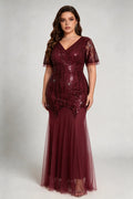 Plus Size Burgundy Sequin V-Neck Mermaid Evening Gown with Mesh Sleeves