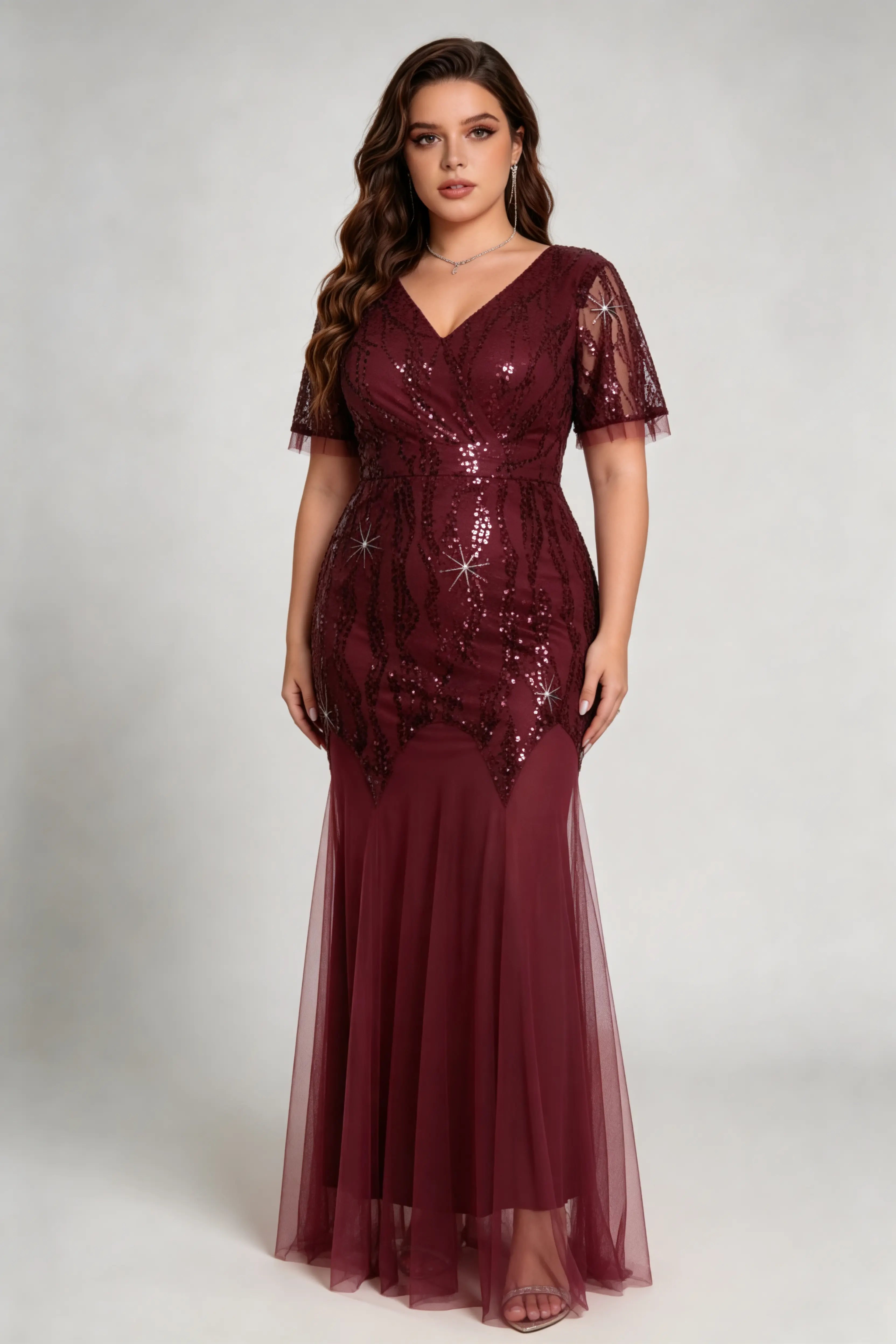Plus Size Burgundy Sequin V-Neck Mermaid Evening Gown with Mesh Sleeves