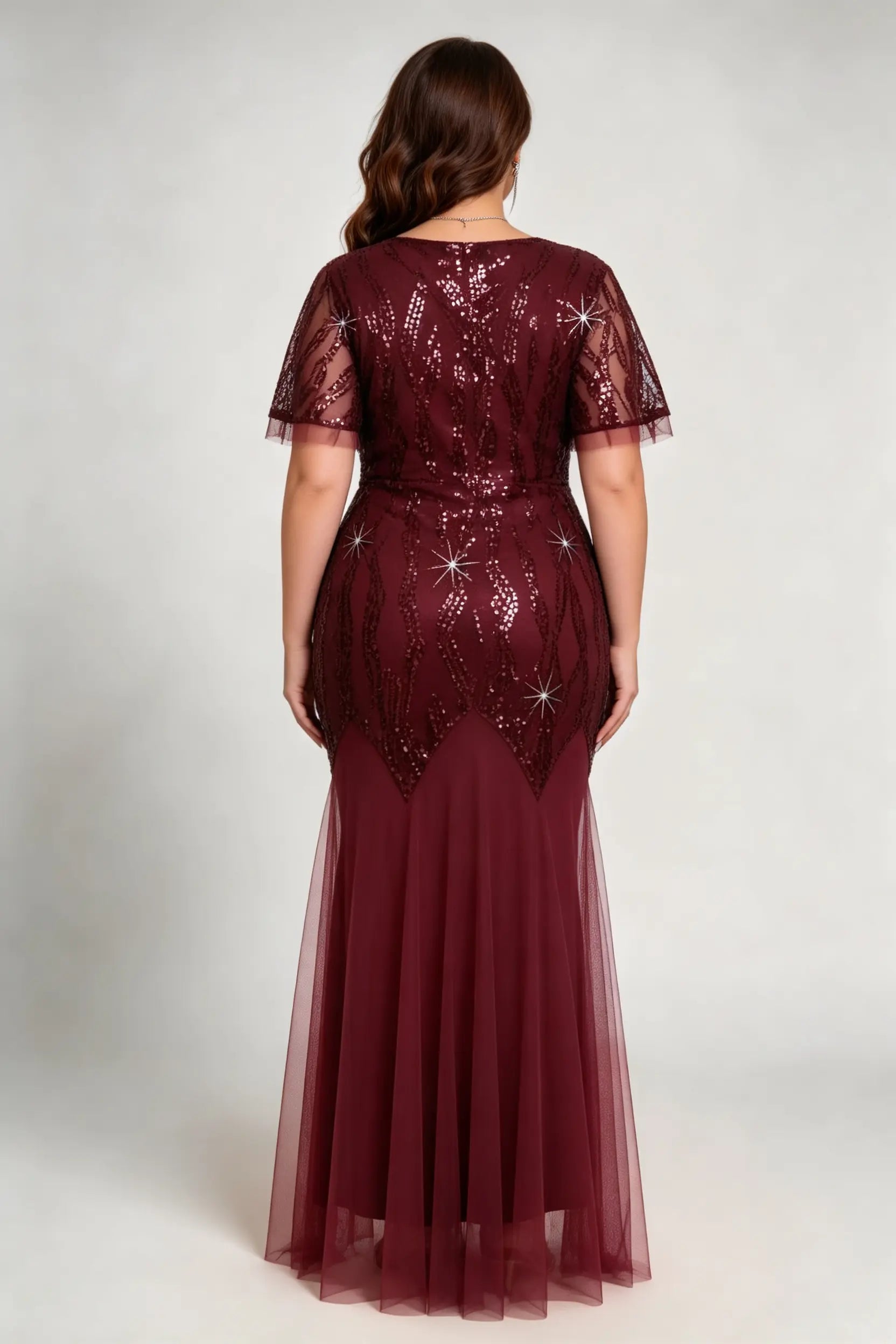 Plus Size Burgundy Sequin V-Neck Mermaid Evening Gown with Mesh Sleeves