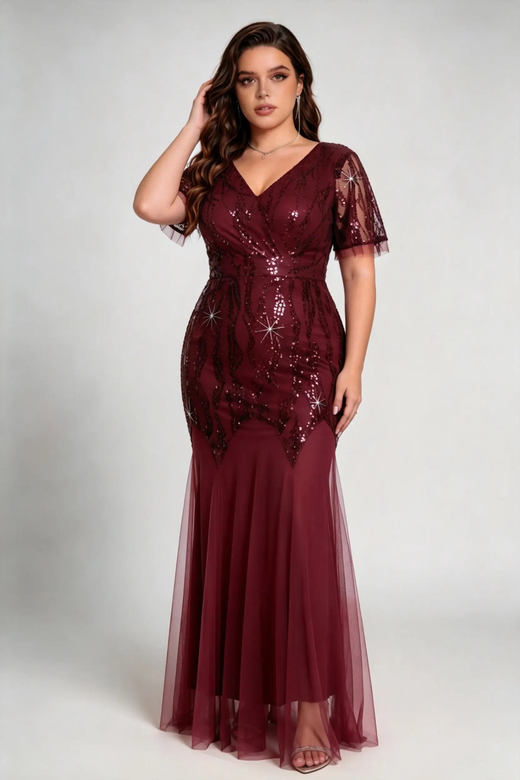 Plus Size Burgundy Sequin V-Neck Mermaid Evening Gown with Mesh Sleeves