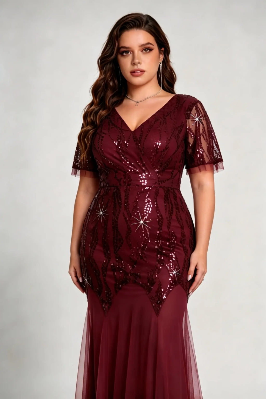 Plus Size Burgundy Sequin V-Neck Mermaid Evening Gown with Mesh Sleeves