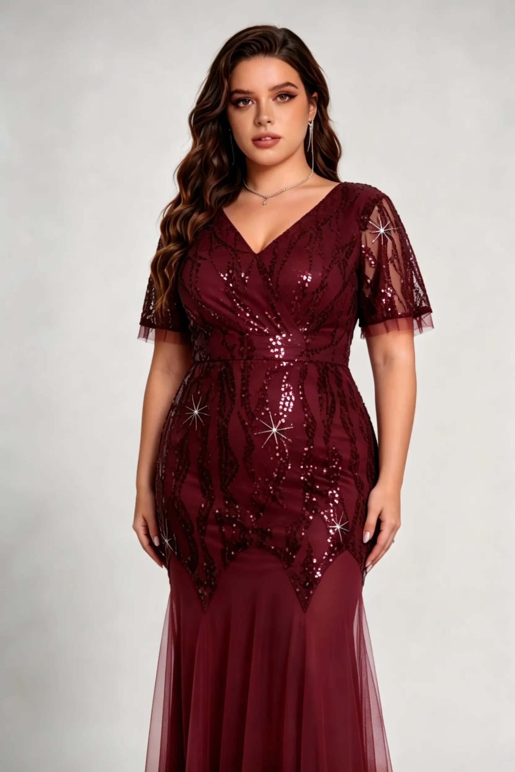 Plus Size Burgundy Sequin V-Neck Mermaid Evening Gown with Mesh Sleeves
