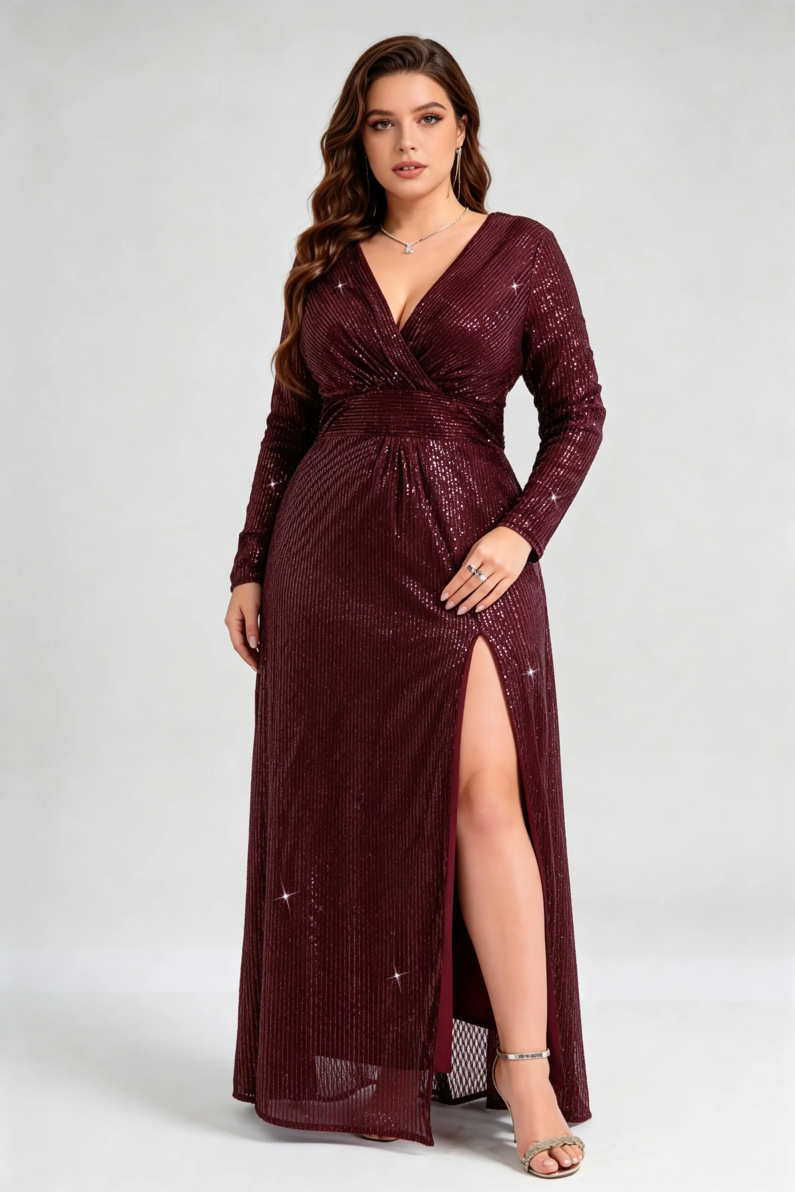 Plus Size Sequin Wrap V-Neck Long Sleeve High Slit Evening Gown Floor Length Burgundy Dress