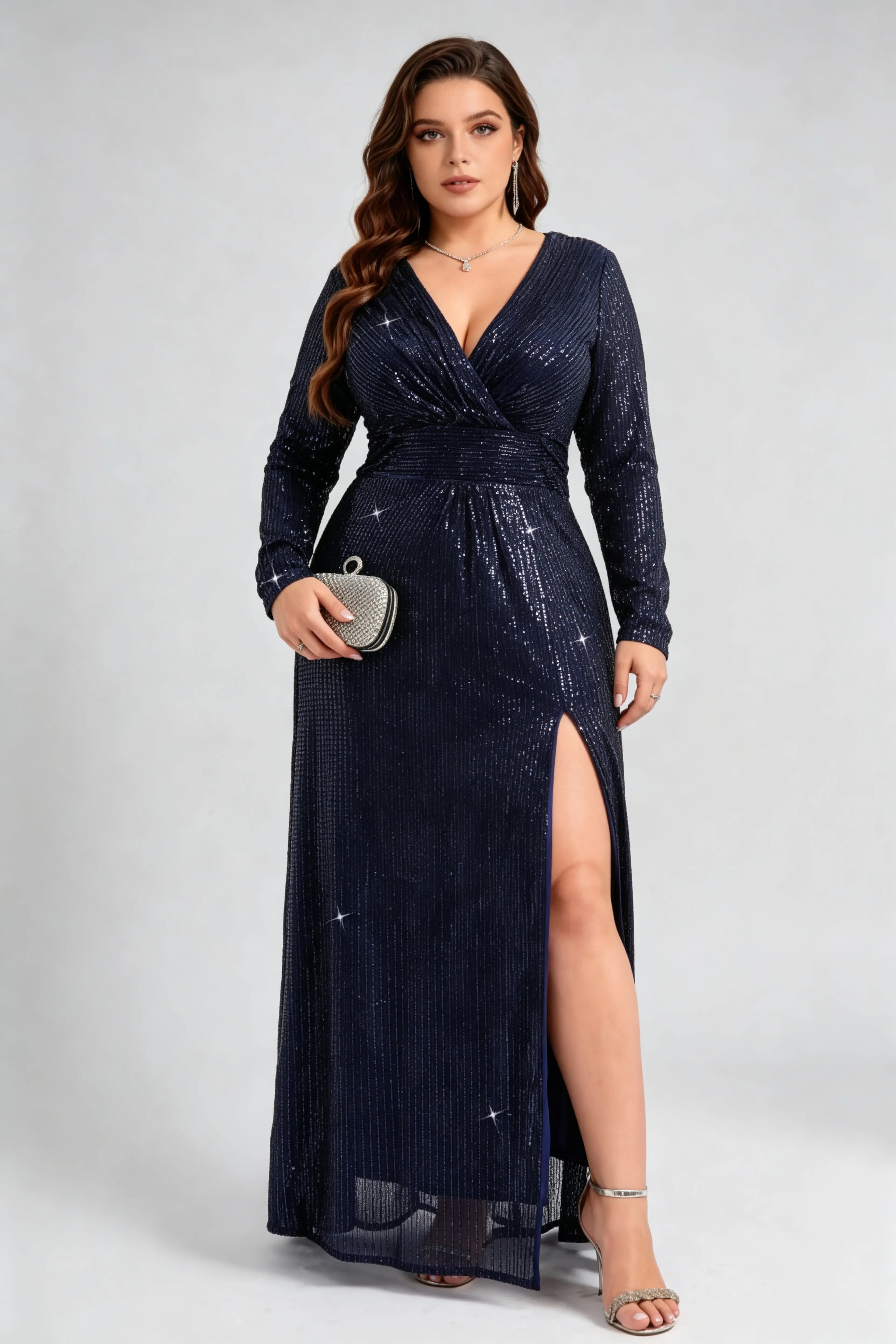 Plus Size Sequin Wrap V-Neck Long Sleeve High Slit Evening Gown Floor Length Navy Dress