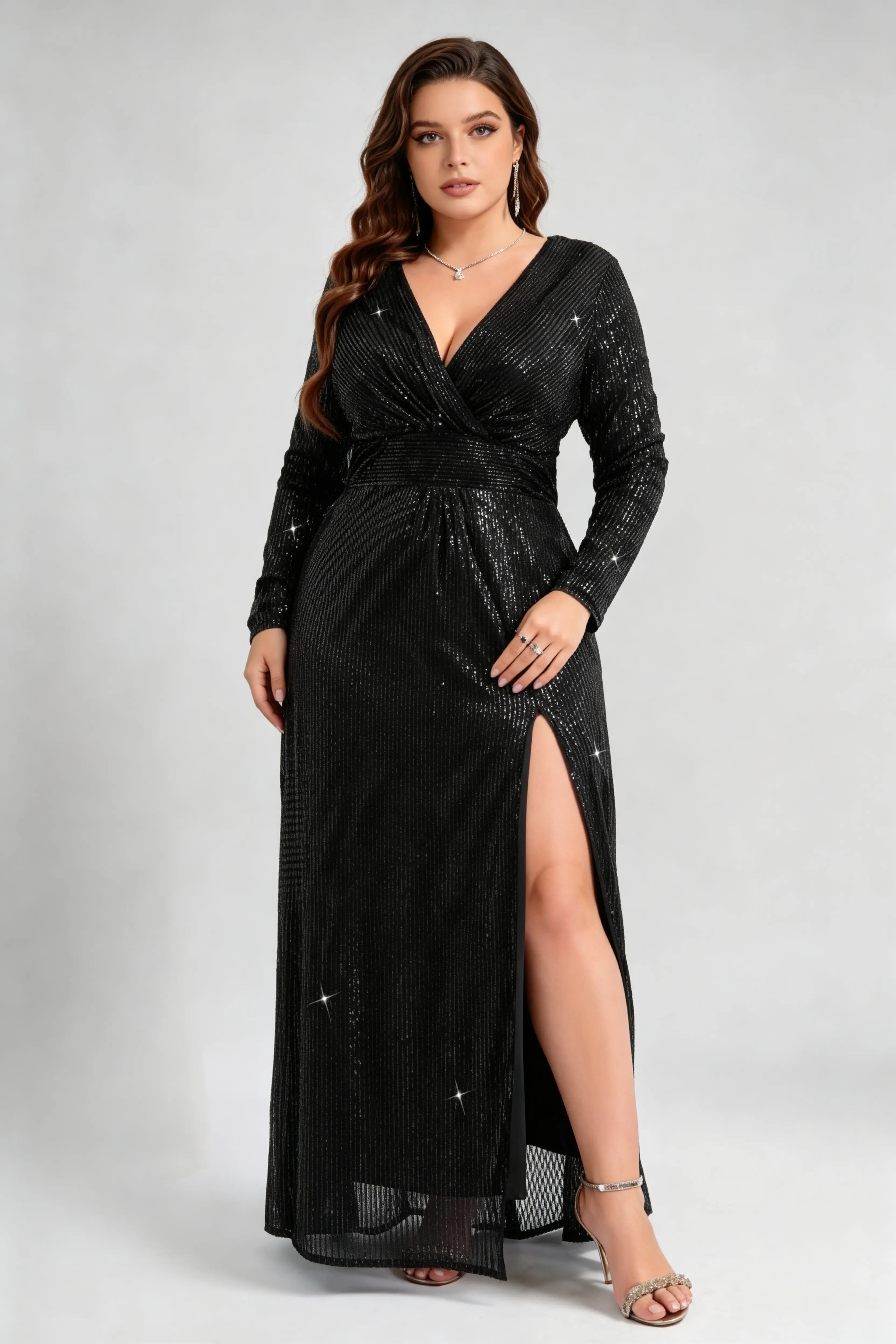 Plus Size Sequin Wrap V-Neck Long Sleeve High Slit Evening Gown Floor Length Black Dress